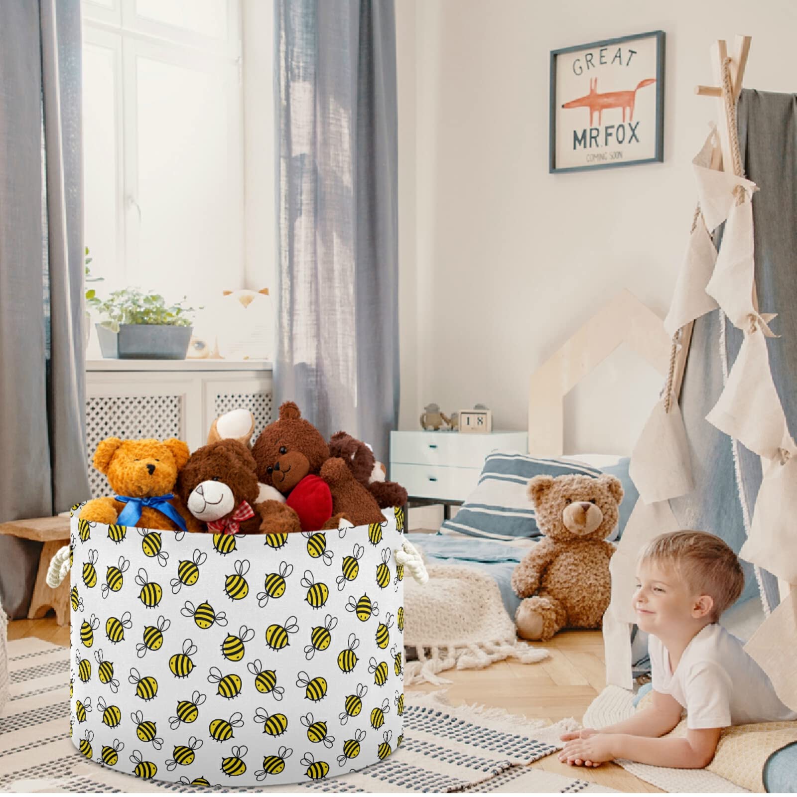 Visesunny Collapsible Fabric Storage Basket - Flying Bumble Bee Print Laundry Hamper & Toy Organizer for Bathroom, Bedroom, Nursery, Closet & Office | Perfect for Kids' Room Decor & Clothes Storage