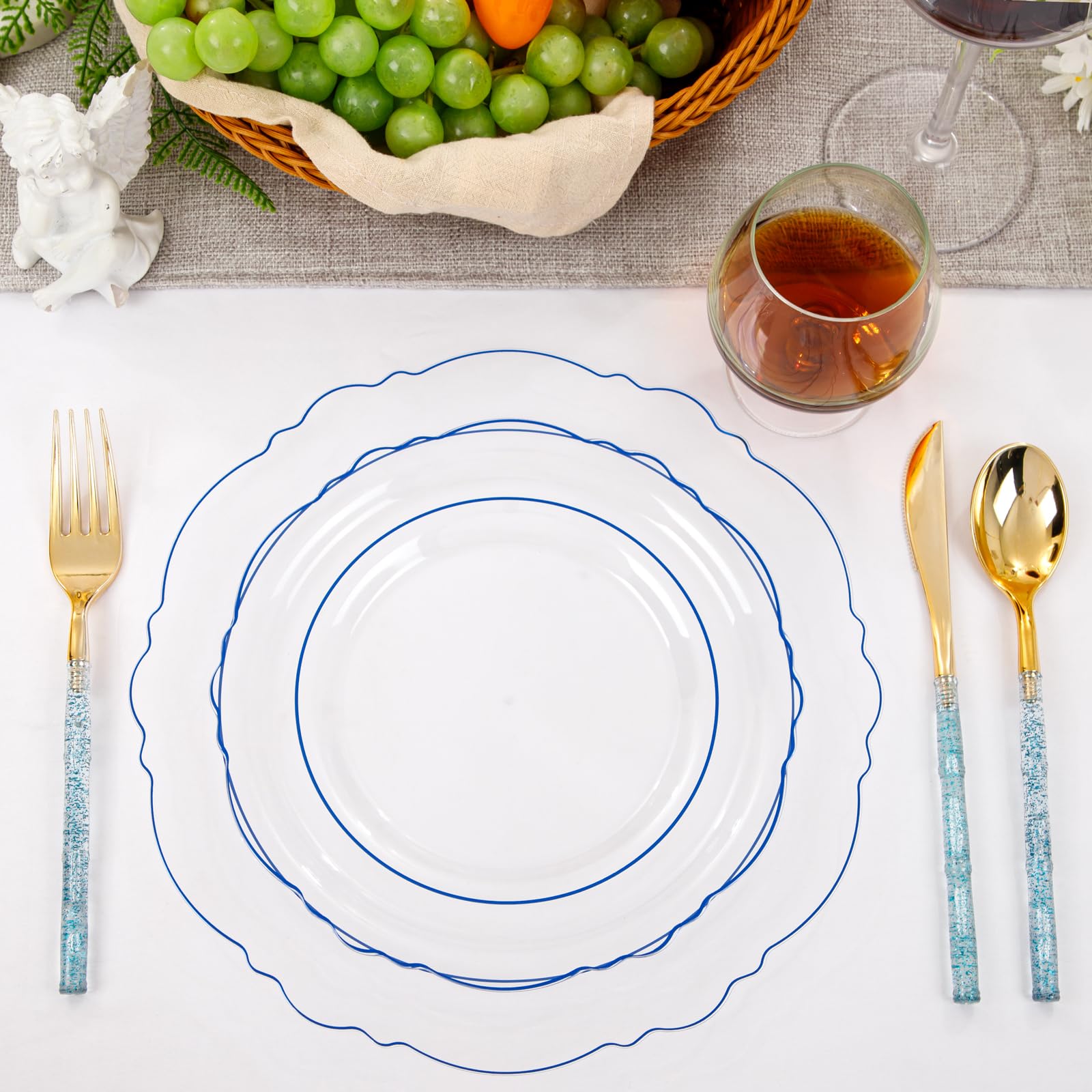 Liacere 150-Piece Clear Blue Plastic Plates Set with Glitter Bamboo Cutlery - Elegant Baroque Disposable Plates (60) & Utensils (30 Forks, 30 Spoons, 30 Knives) for Wedding, Party, Picnic, Summer BBQ and Outdoor Events