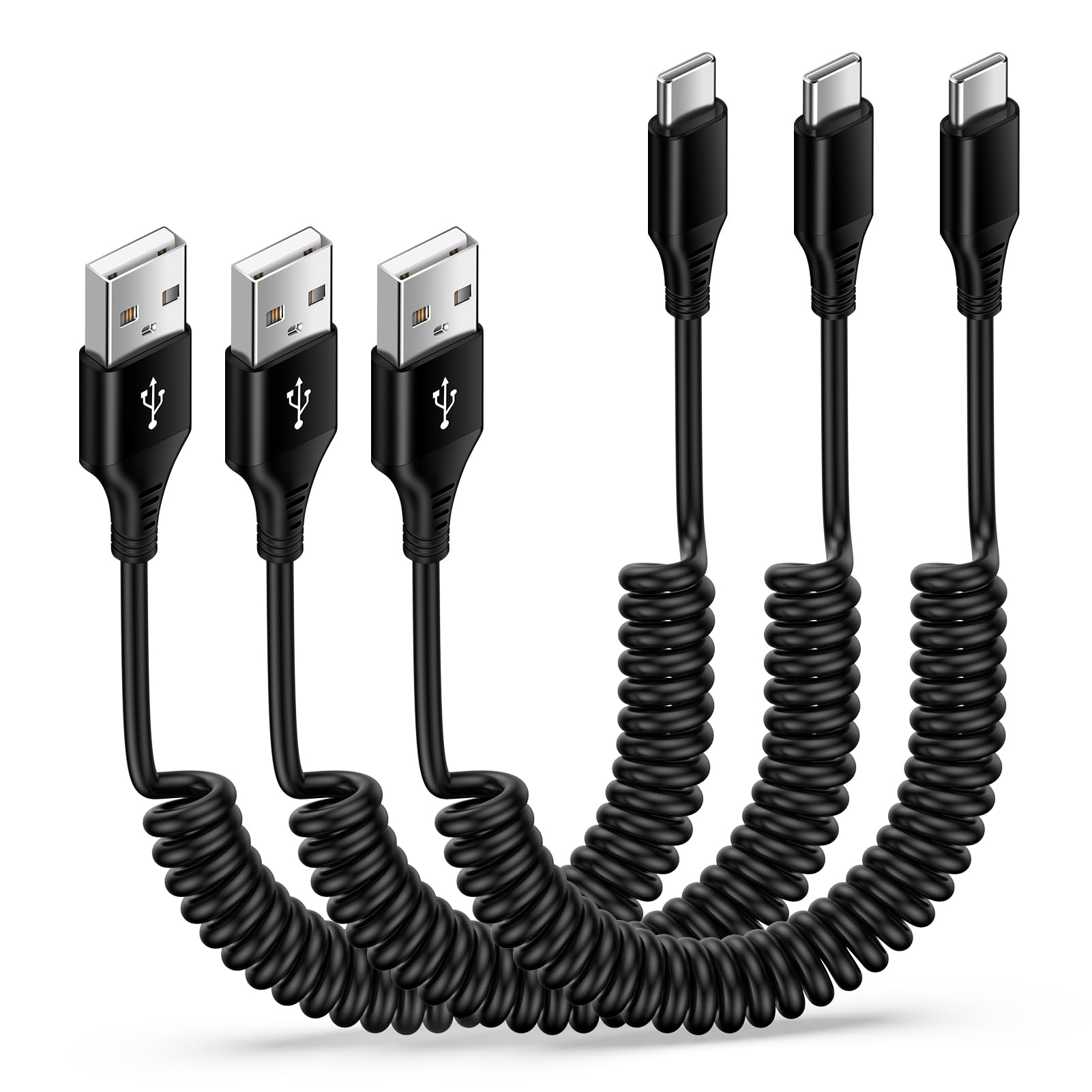 Fast Charging USB C to USB A Cable 3-Pack - Retractable Coiled Android Auto Car Charger for Samsung Galaxy S24/S23/S22/A54/A34 & Google Pixel 8Pro/8a/7a/7/6/5/4 - Perfect for Road Trips & Daily Commute