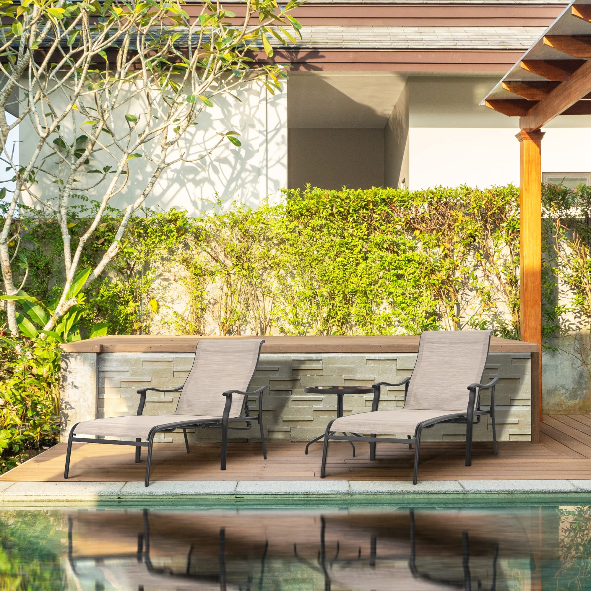 Outdoor Chaise Lounge Set - 3-Piece Patio Furniture with Glass Coffee Table & Breathable Textilene Fabric - Poolside, Backyard, Garden Relaxation (Khaki)