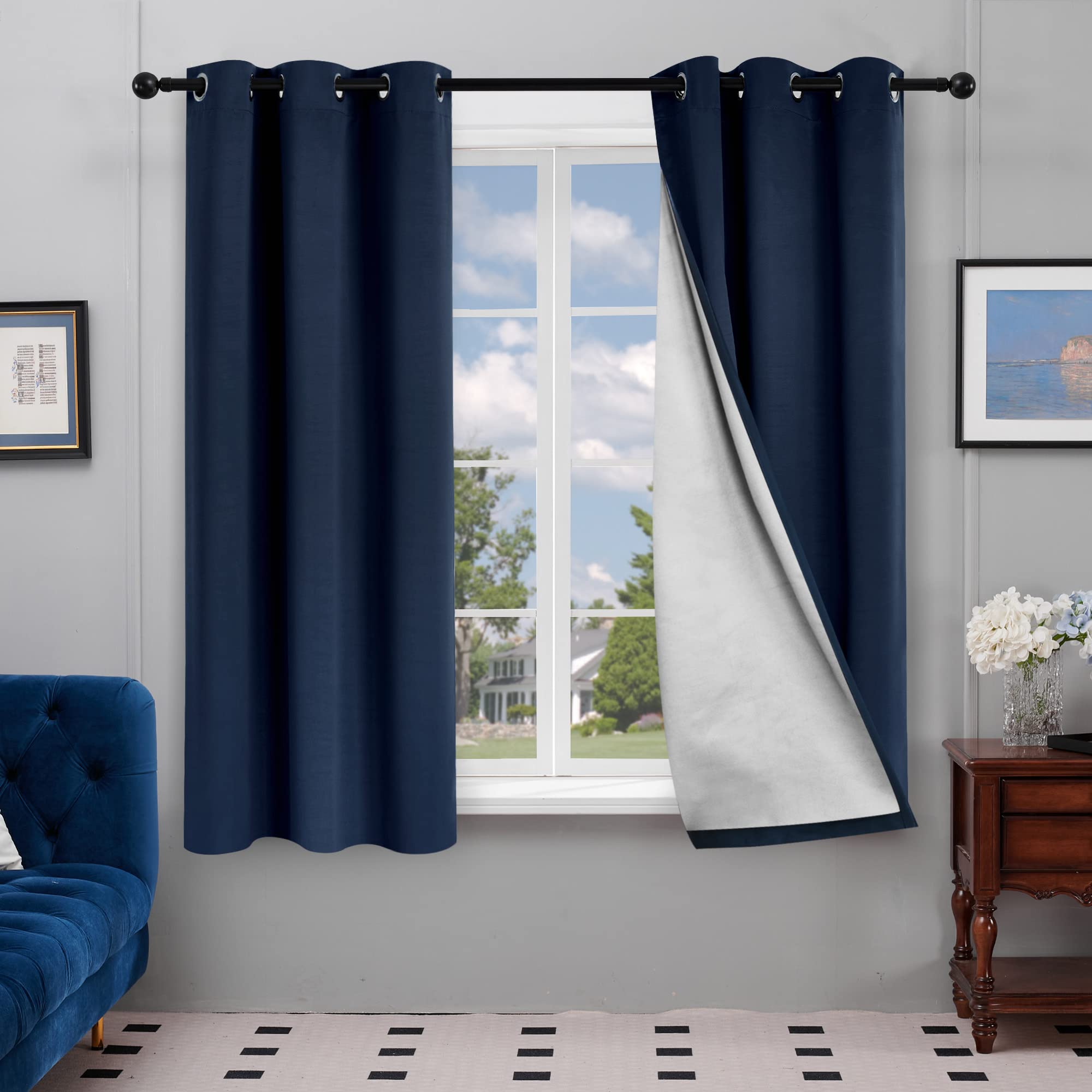 Deconovo Blackout Curtains for Bedroom & Living Room - Thermal Insulated, Noise Reducing, Silver Coated Drapes (42x45 Inches, Navy Blue, 2 Panels) - Perfect for Nursery, Home Theater & Office Privacy