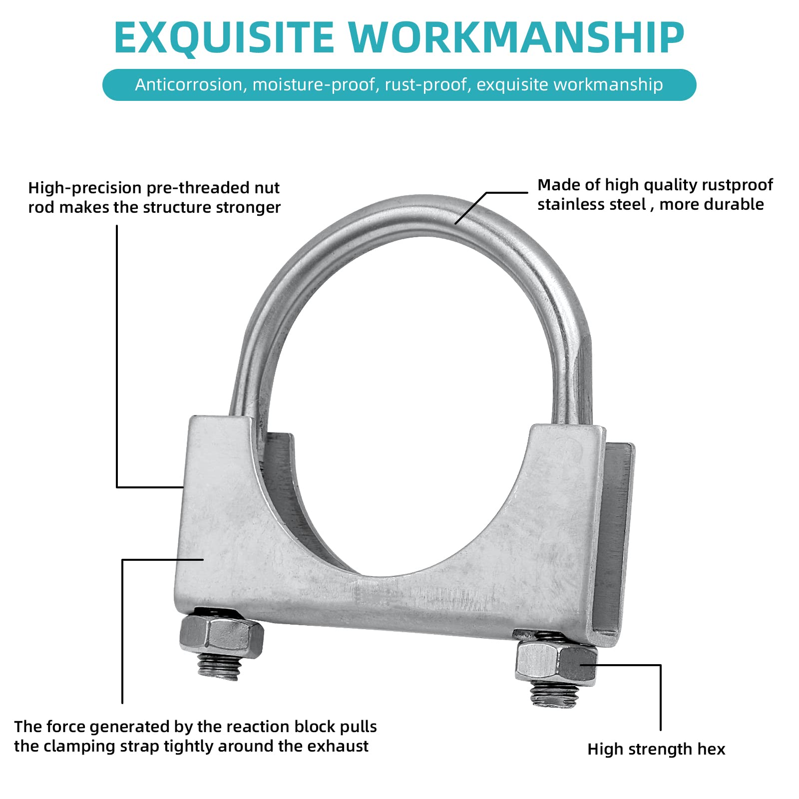 2.5 Inch Heavy Duty U-Bolt Exhaust Clamp - Stainless Steel Muffler Clamp for Automotive Exhaust Systems - Pack of 2 - Perfect for Car, Truck, and Motorcycle Exhaust Repairs