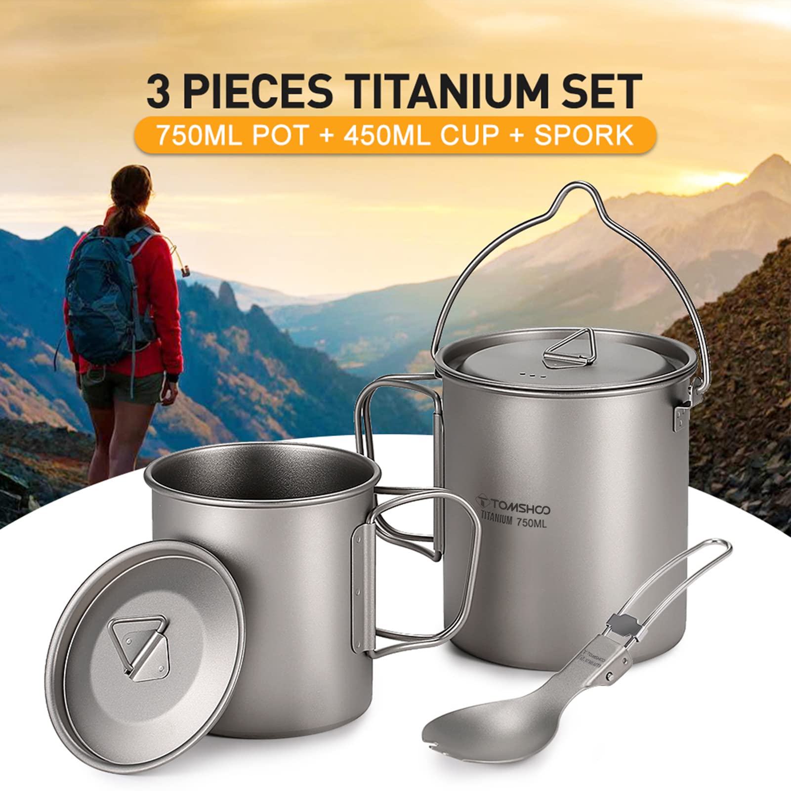 TOMSHOO Titanium Camping Pot with Lid - Lightweight Outdoor Coffee Mug, Foldable Handle for Backpacking, Hiking & Travel - Perfect for Campfire Cooking & Outdoor Adventures