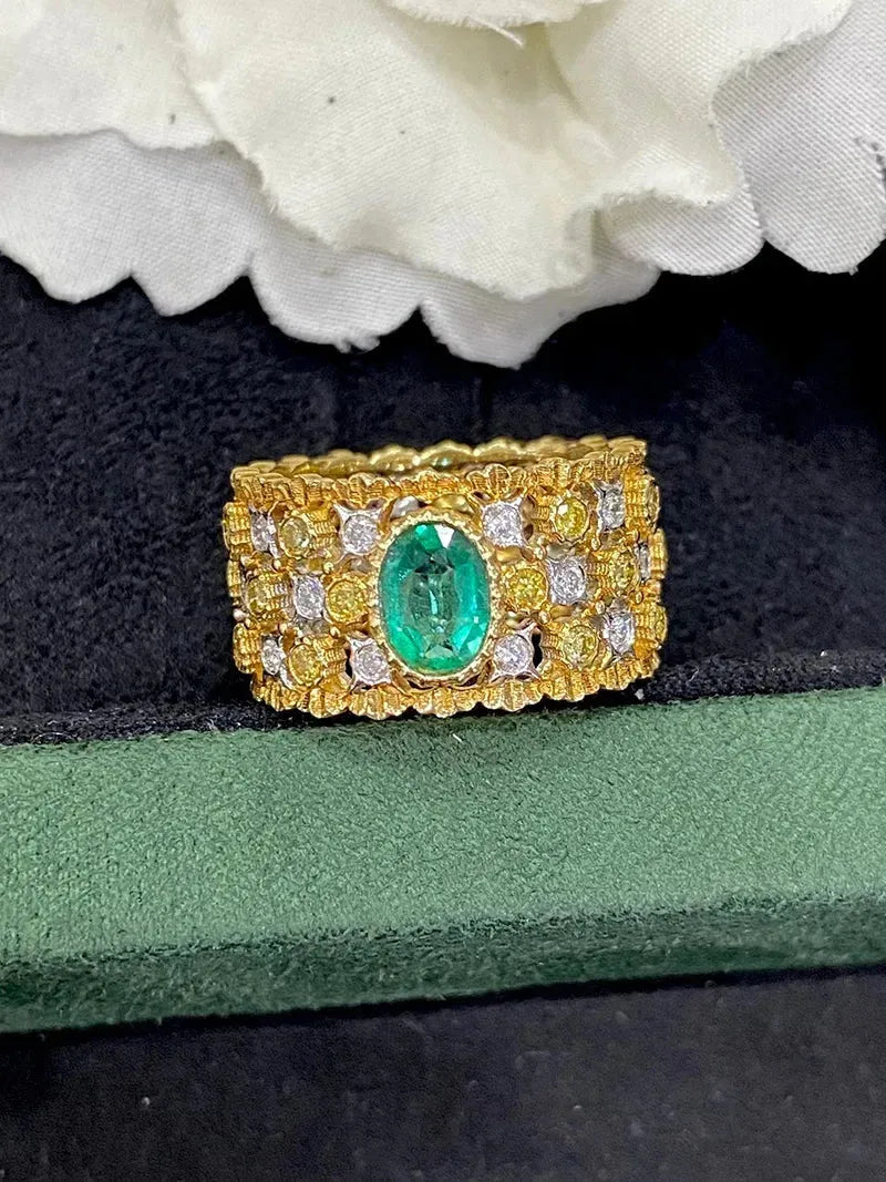 18K White & Yellow Gold Honeycomb Design Ring with Real Natural Emerald & Diamond for Women | Elegant Wedding, Engagement, Anniversary Jewelry Gift