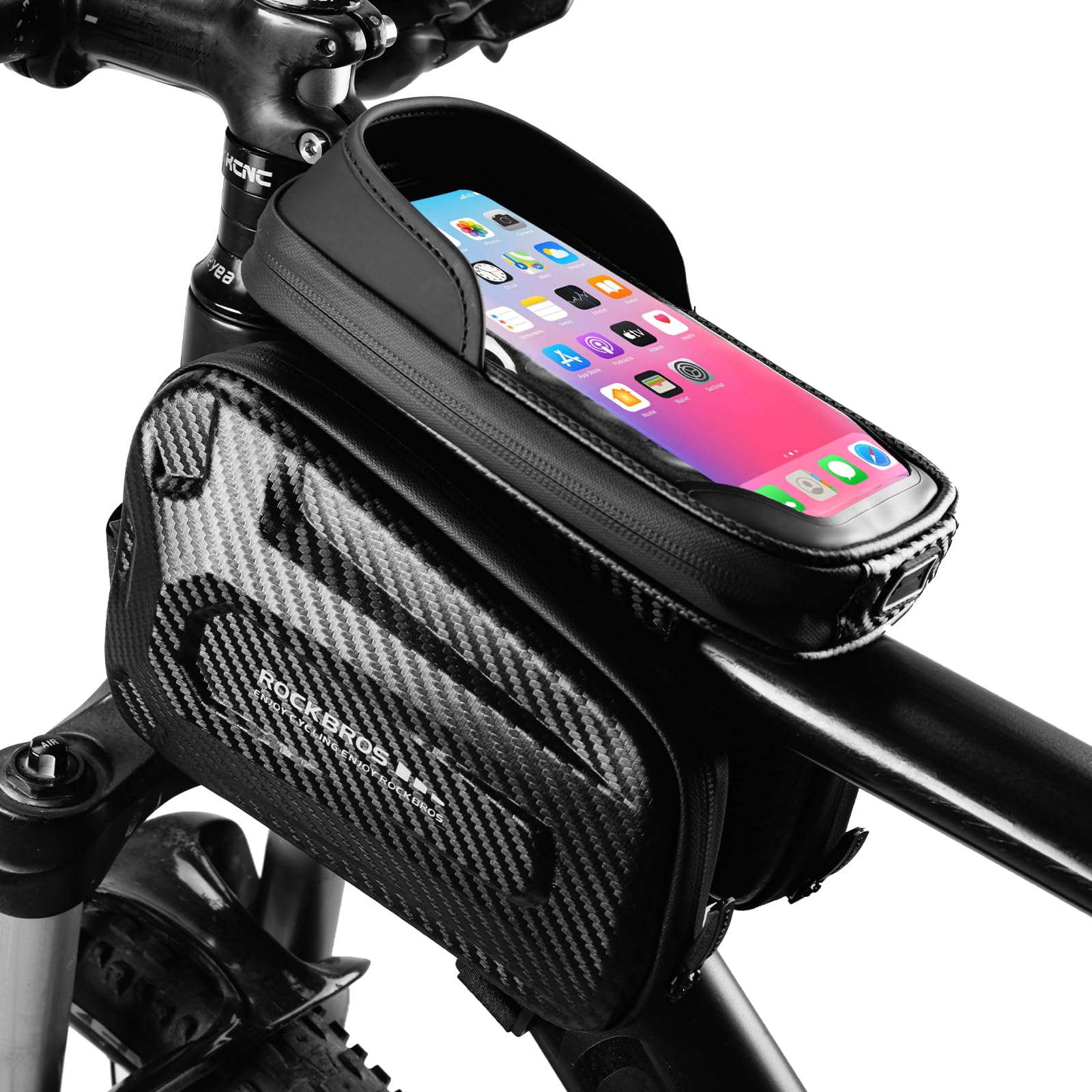 ROCKBROS Waterproof Bike Frame Bag 1.3L - Top Tube Bicycle Phone Pouch with Sun Visor & TPU Touch Screen - Fits Phones Under 7.4