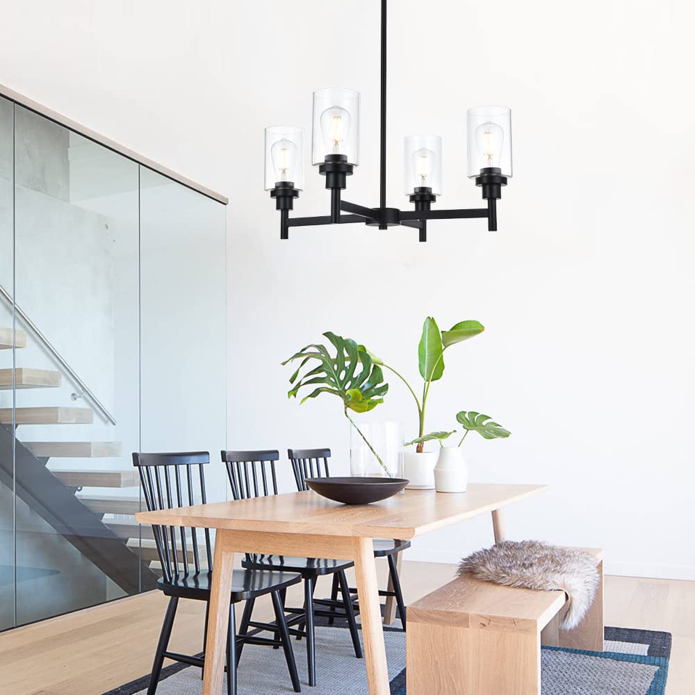 VINLUZ 4-Light Black Farmhouse Chandelier with Clear Glass Cylinder Pendant - Rustic Kitchen Lighting Fixture for Dining Room, Bedroom, Living Room & Entryway | Perfect for Farmhouse, Industrial & Modern Home Decor