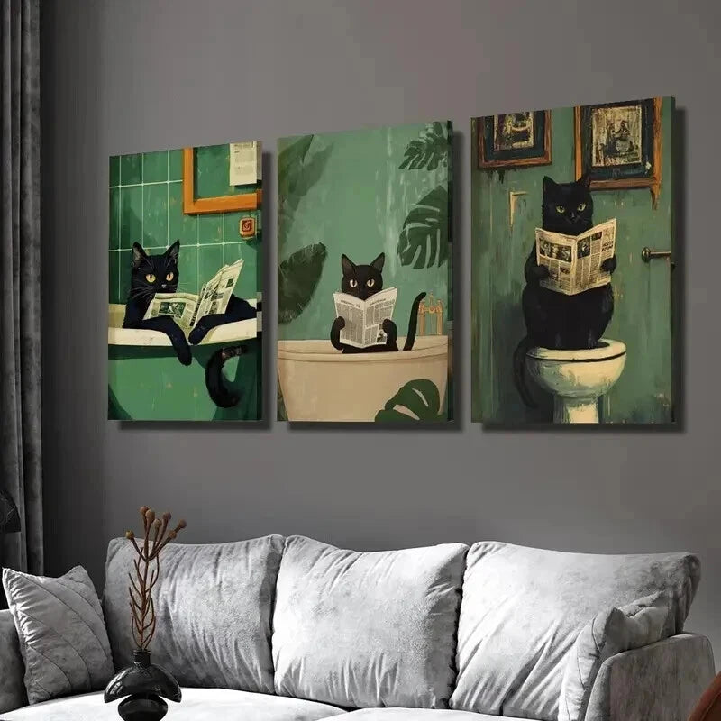 3-Piece Black Cat Canvas Wall Art Set - Framed 50x70cm Prints - High Quality Australian Made Ready-to-Hang Decor for Living Room, Bedroom & Office