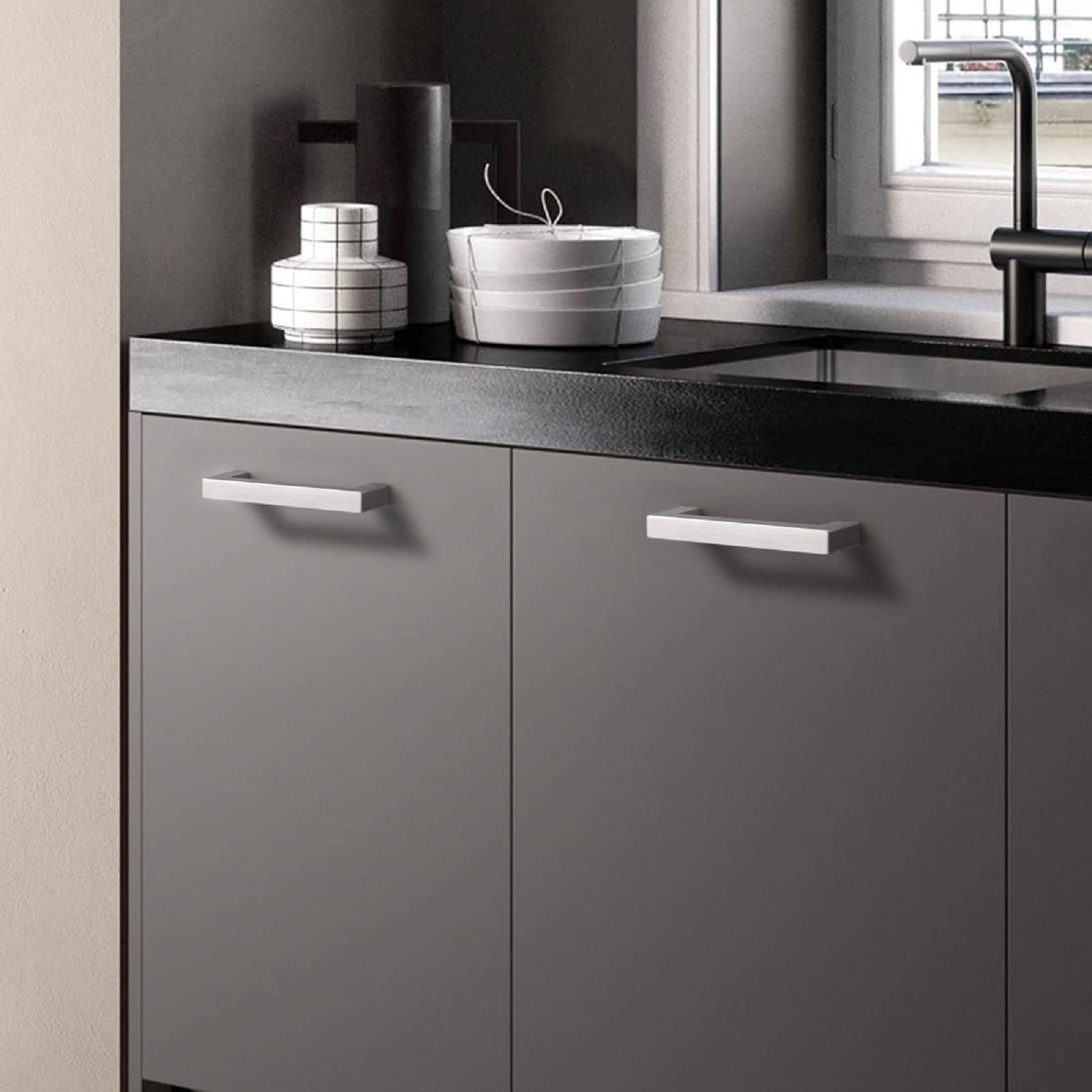 5 Pack Brushed Nickel Square Bar Drawer Pulls - 3.5