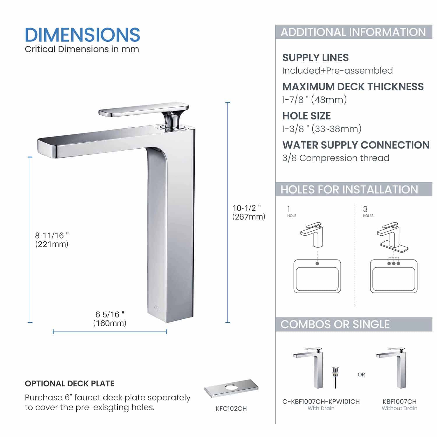 KIBI KBF1007 Infinity Single Handle Bathroom Vanity Sink Faucet - Solid Brass Lavatory Faucet with Water Supply Hose | Chrome Finish Bathroom Sink Faucet for Home, Hotel & Commercial Use | Durable, Corrosion-Resistant Water Tap for Bathroom Vanity & Washbasin