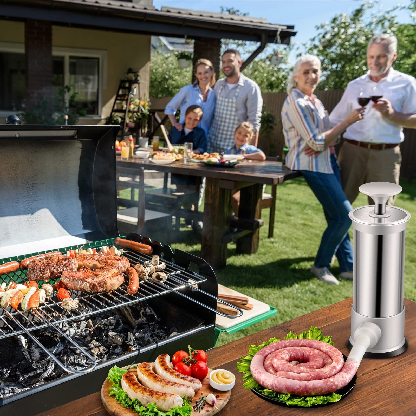 Stainless Steel Vertical Sausage Stuffer & Sausage Maker with 4 Stuffing Tubes - 2.2LB Manual Sausage Stuffer Machine for Home Kitchen, Butcher Shop & Sausage Making Enthusiasts