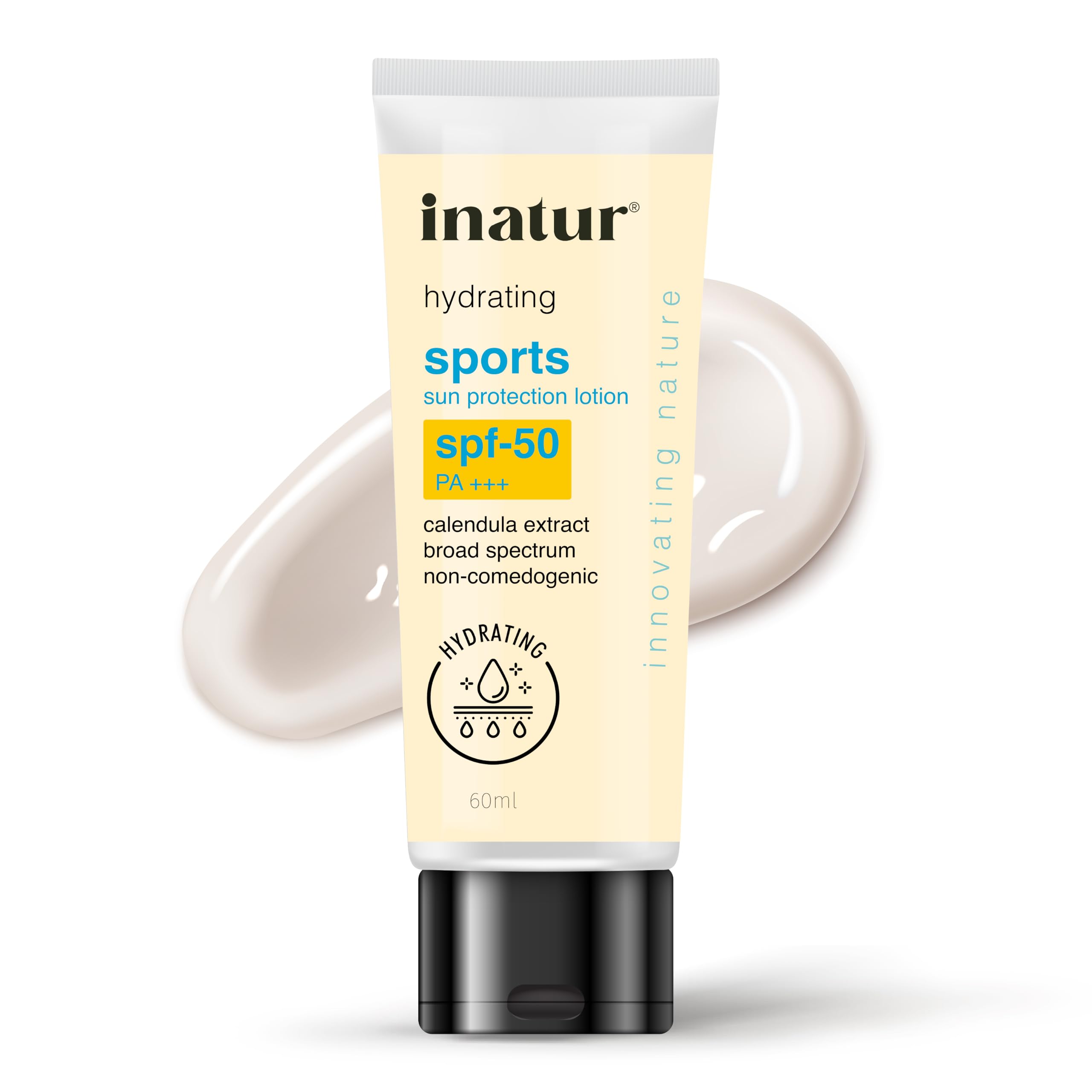 inatur Sports SPF50 PA+++ Sunscreen Lotion - Sweat & Water Resistant, Broad Spectrum UVA/UVB Protection for Face & Body - Lightweight, Non-Greasy Formula for All Skin Types - Perfect for Outdoor Activities, Swimming & Daily Use - 60ml