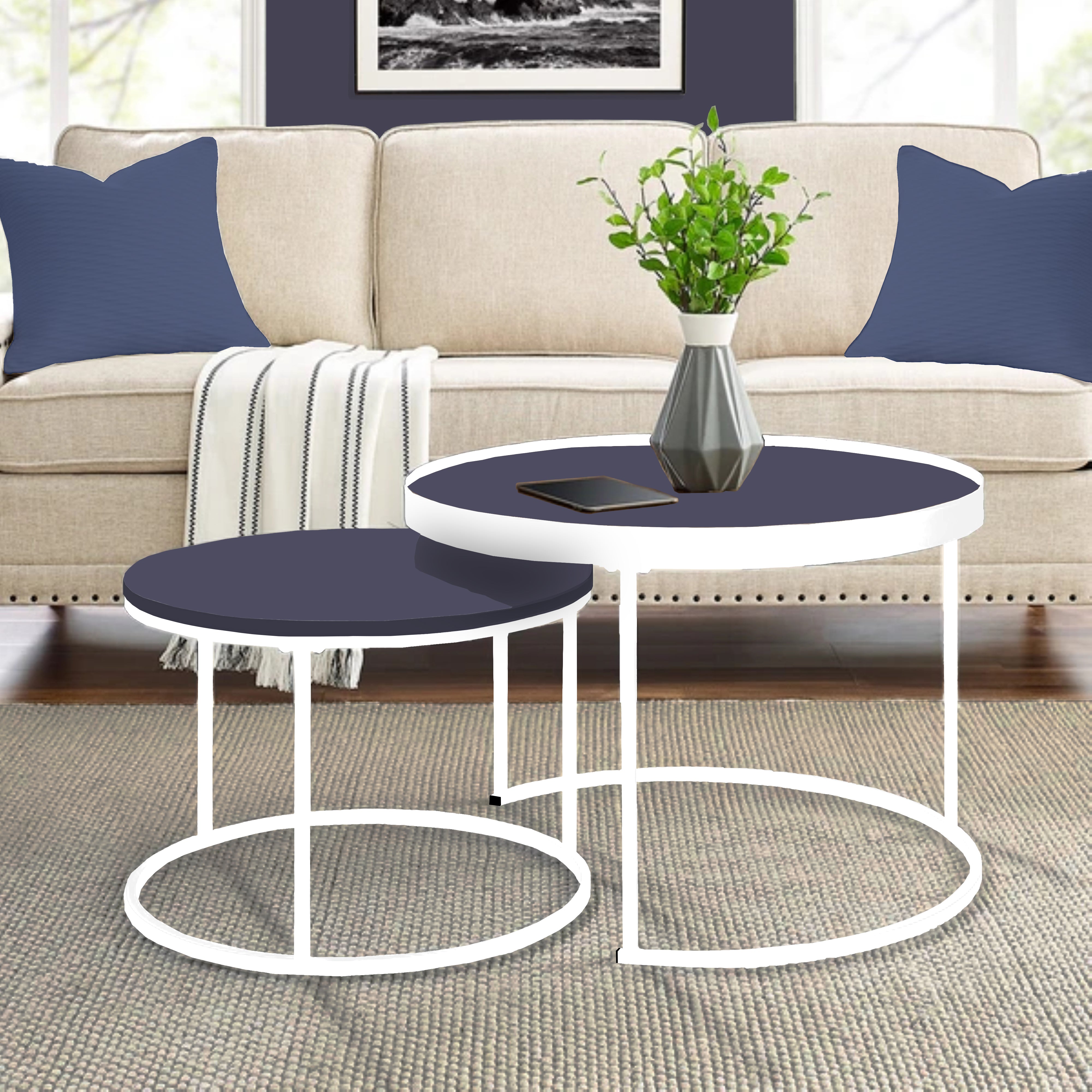 Modern Nested Coffee Table Set - Blue & White Wooden Side Tables for Living Room, Bedroom, or Office - Urban Style Contemporary Furniture for Small Spaces