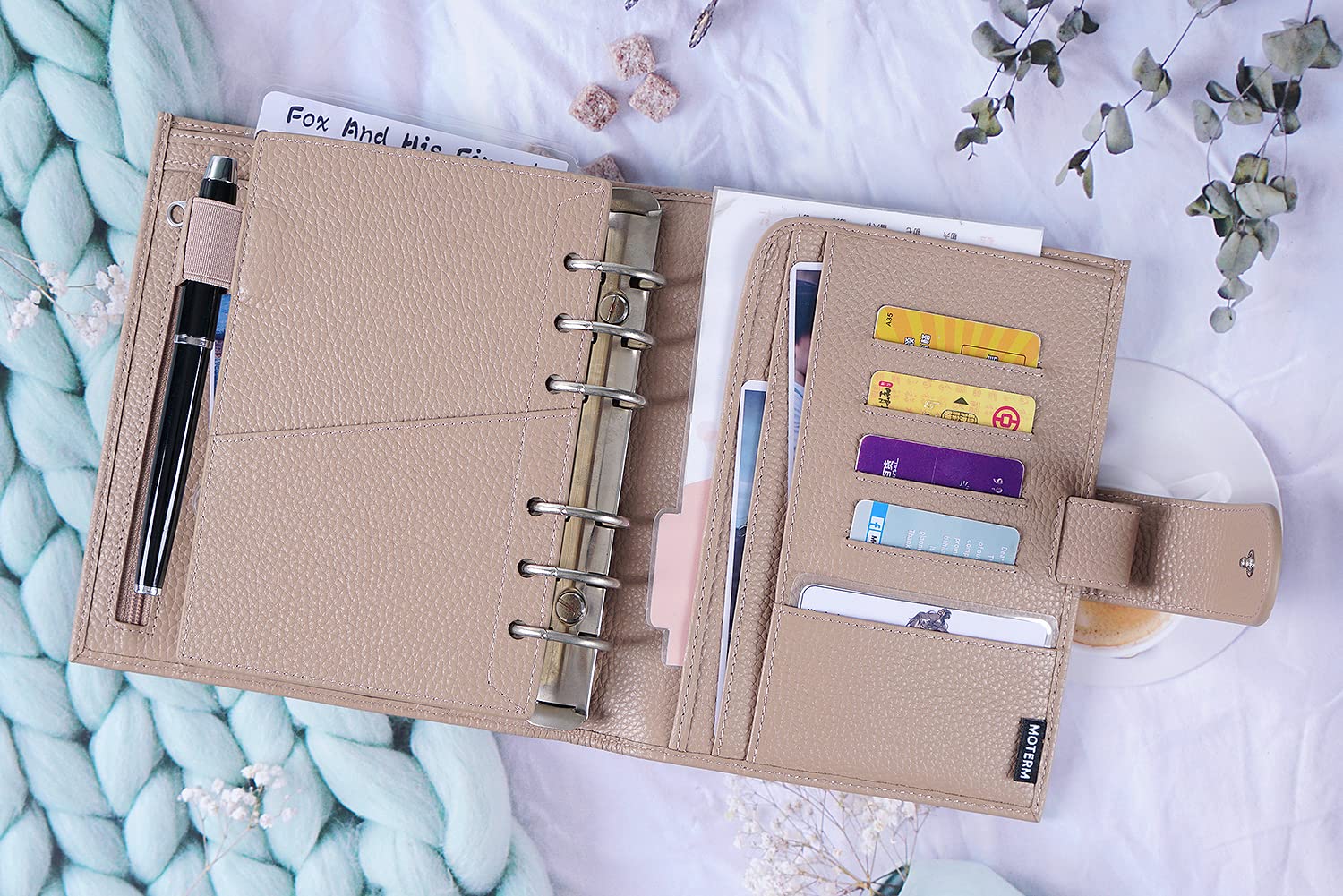 Moterm A6 Luxe Rings Planner - Genuine Leather Binder Organizer with 30mm Rings in Pebbled Taupe - Premium A6 Size Notebook for Work, School & Personal Planning