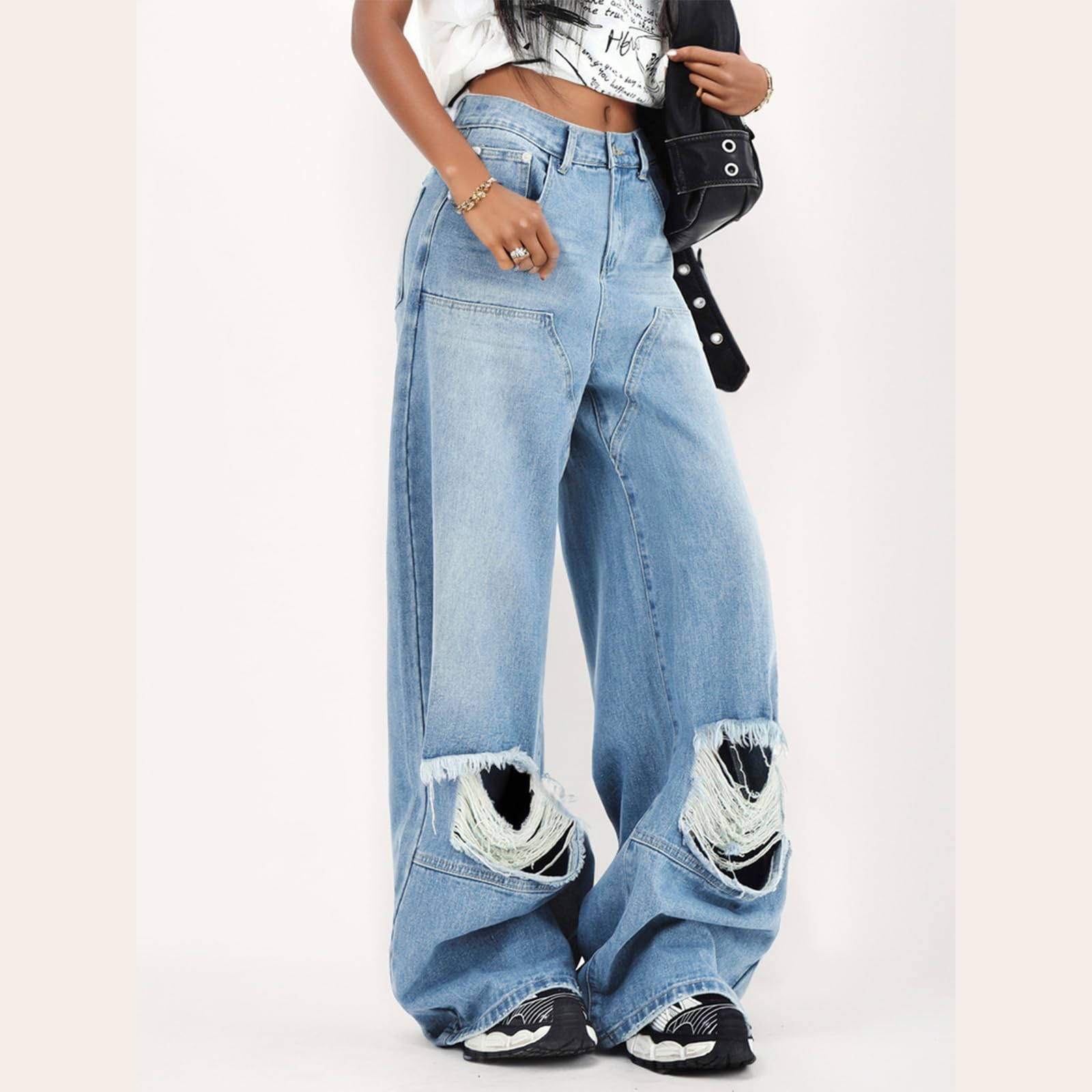 Women's Ripped Wide Leg Jeans - High Waist Baggy Boyfriend Jeans with Distressed Details | Perfect for Casual Outfits, Streetwear & Everyday Comfort