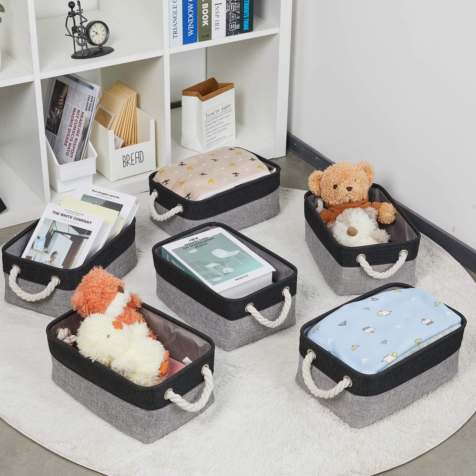 Bidtakay 6 Pack Small Collapsible Storage Baskets - 11.8 x 7.8 x 5 Inch Fabric Canvas Organizer Bins with Handles, Decorative Square Storage Containers for Cabinet, Shelf, Closet Organization (Black & Grey) | Perfect for Bedroom, Bathroom, Nursery & Office Storage Solutions