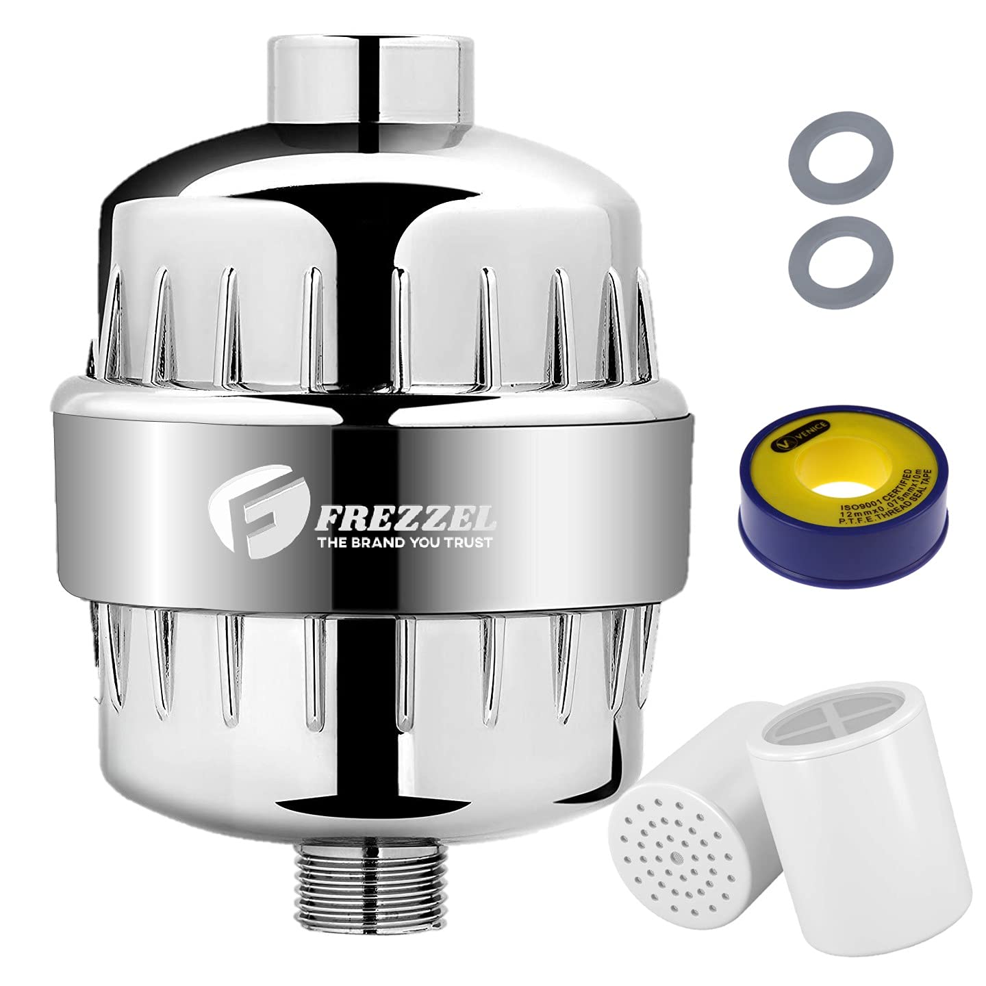 FREZZEL 15-Stage Shower Filter for Hard Water & Well Water - Vitamin C Shower Head Filter with High Output - Replacement Cartridge Included | Improves Skin & Hair Health, Reduces Chlorine & Heavy Metals | Perfect for Dry Skin, Sensitive Scalp & Eco-Friendly Homes