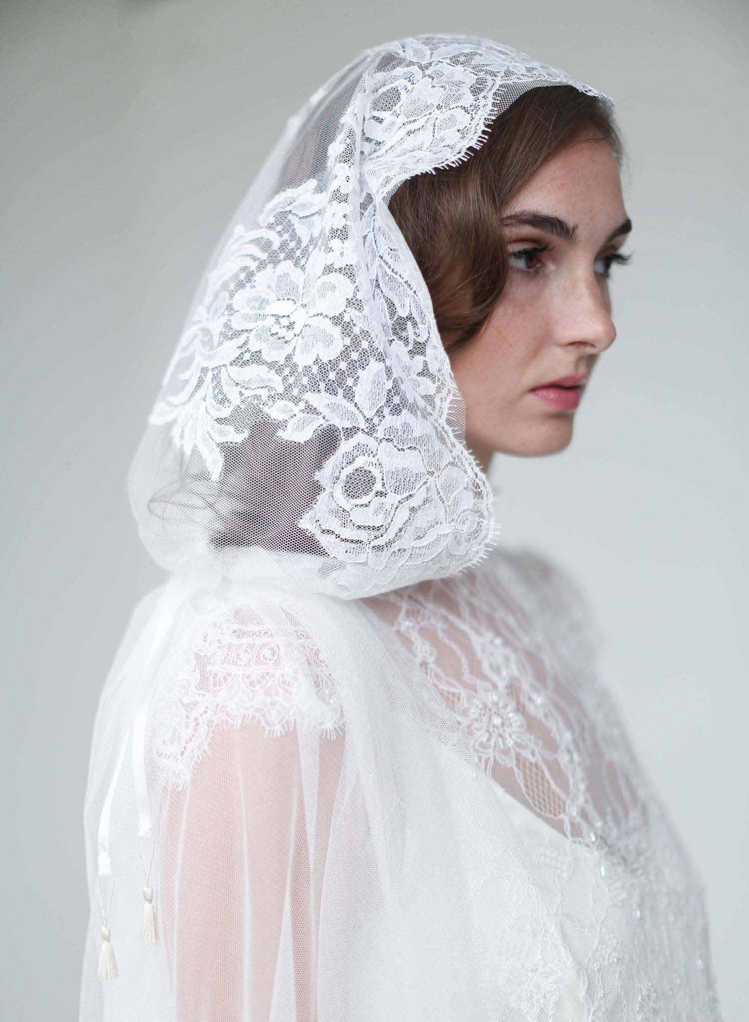 Elegant Mantilla Lace Trimmed Wedding Veil with Headband - Style #709 | Perfect for Bridal Ceremonies, Church Weddings & Vintage-Inspired Looks