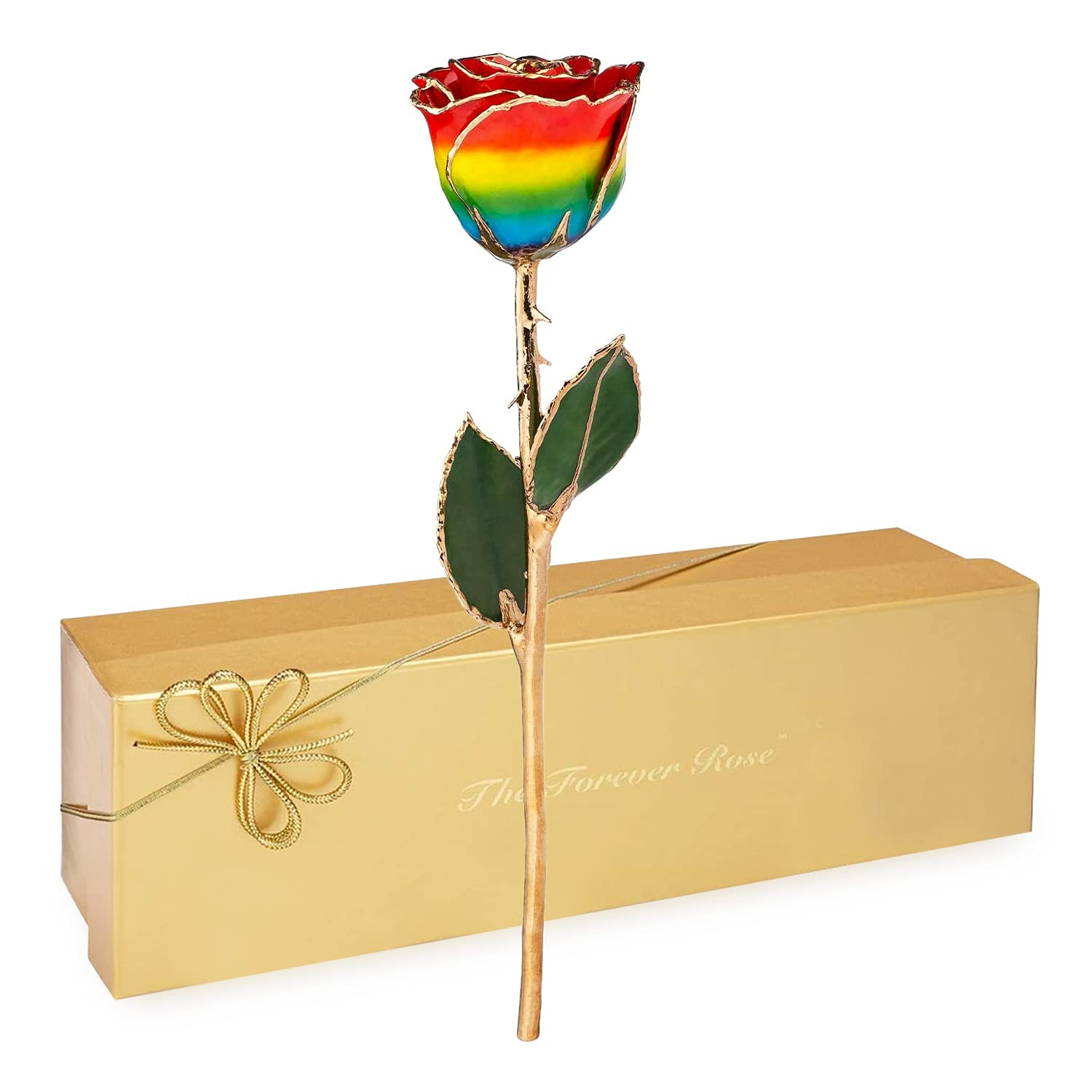 24K Gold Dipped Forever Rose - Real Rainbow Genuine Rose Handcrafted with Lacquer & 24K Gold Trim | Unique Everlasting Romantic Gift for Women & Men | Anniversary, Valentine's Day, Wedding Proposal Gift Idea