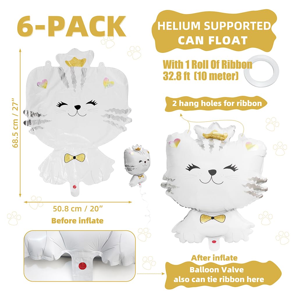 6 Pack 27'' White Cartoon Kitten Cat Balloons - Mylar Foil Helium Balloons for Kids Birthday Parties, Baby Showers & Animal Themed Decorations | Perfect for Indoor/Outdoor Party Decor, Photo Backdrops & Celebration Events