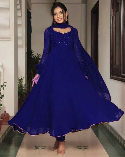 Royal Blue Georgette Long Anarkali Dupatta Set for Women - Elegant Indian Party Wear & Wedding Outfit - Perfect for Festivals, Diwali, and Special Occasions
