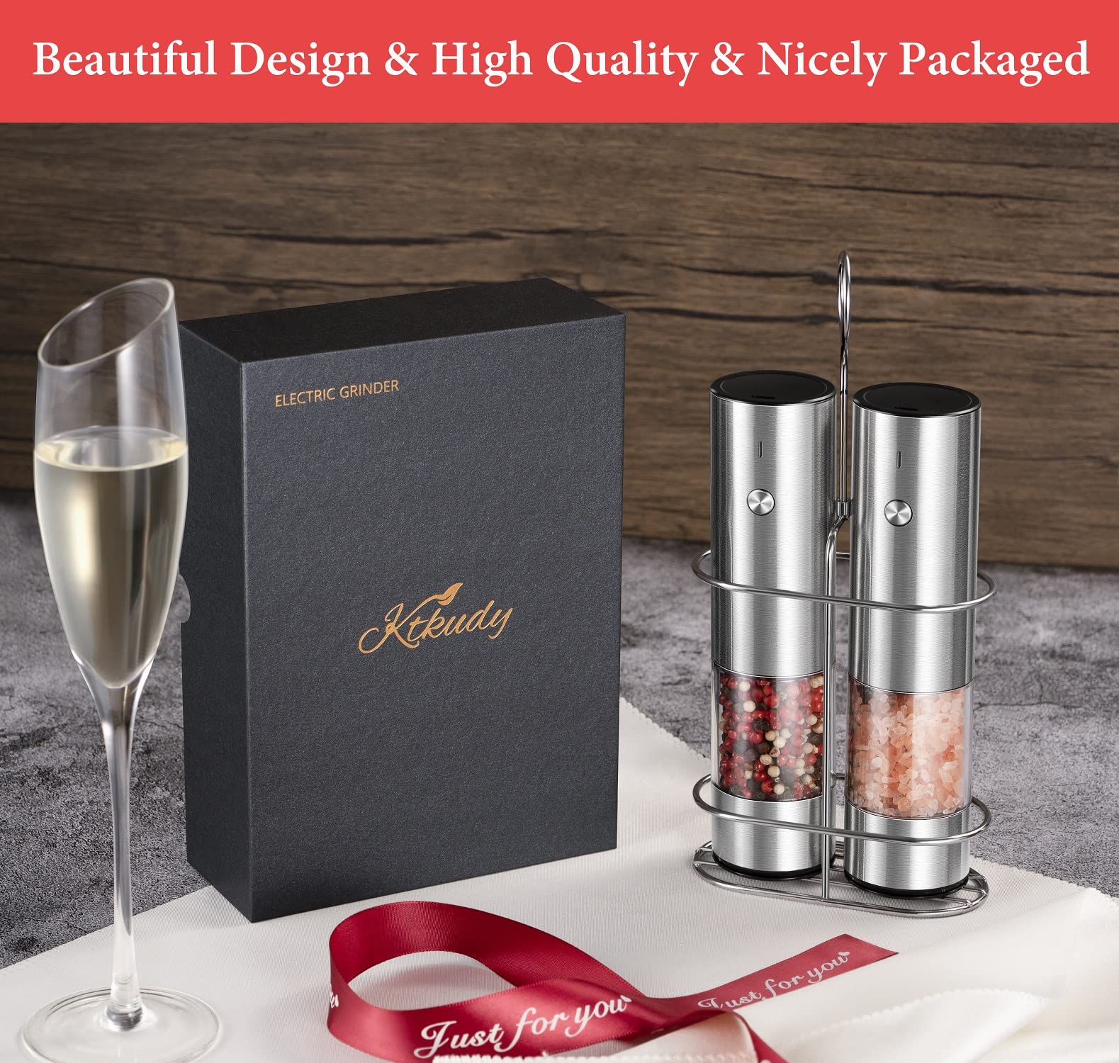 Rechargeable Electric Salt and Pepper Grinder Set with Holder - Automatic Adjustable Coarseness Mill with LED Light - Battery-Free Stainless Steel Spice Grinders - Perfect for Kitchen, Dining Table & Gift Giving