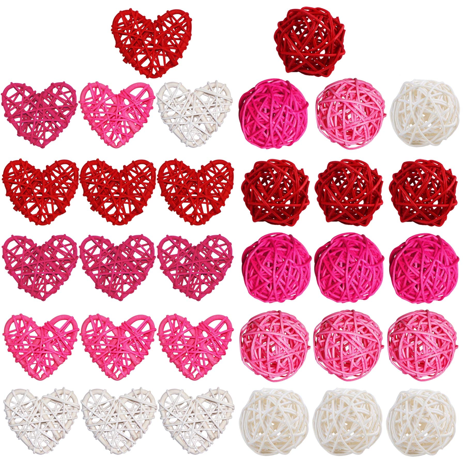 32 Pcs 2 Inch Valentine’s Day Heart & Round Rattan Balls - Natural Wicker Decor for DIY Vase Fillers, Wedding Centerpieces, Table Scatter - Perfect for Valentine’s Day, Home Decor, and Party Decorations