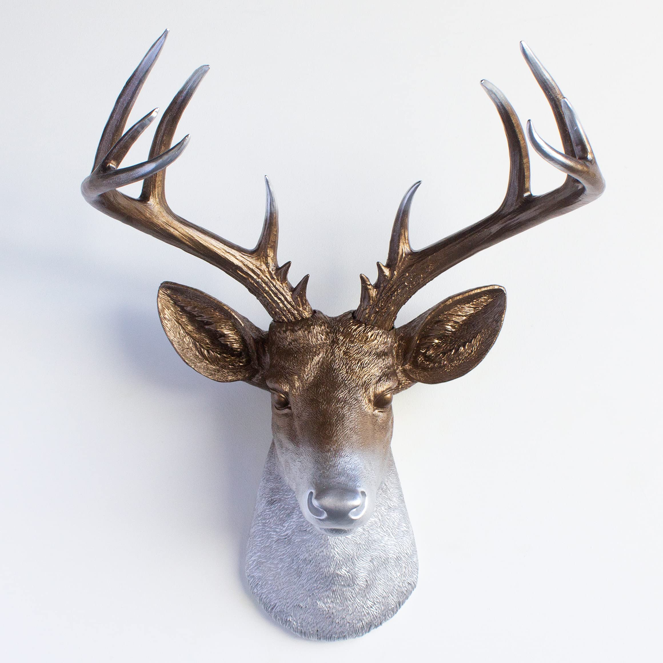 14-Point Faux Deer Head Wall Mount - Large Fake Taxidermy Decor for Rustic Cabin & Hunting Lodge - Bronze/Silver Ombre Finish - Perfect for Mountain Lodge, Man Cave, or Western Home Decor