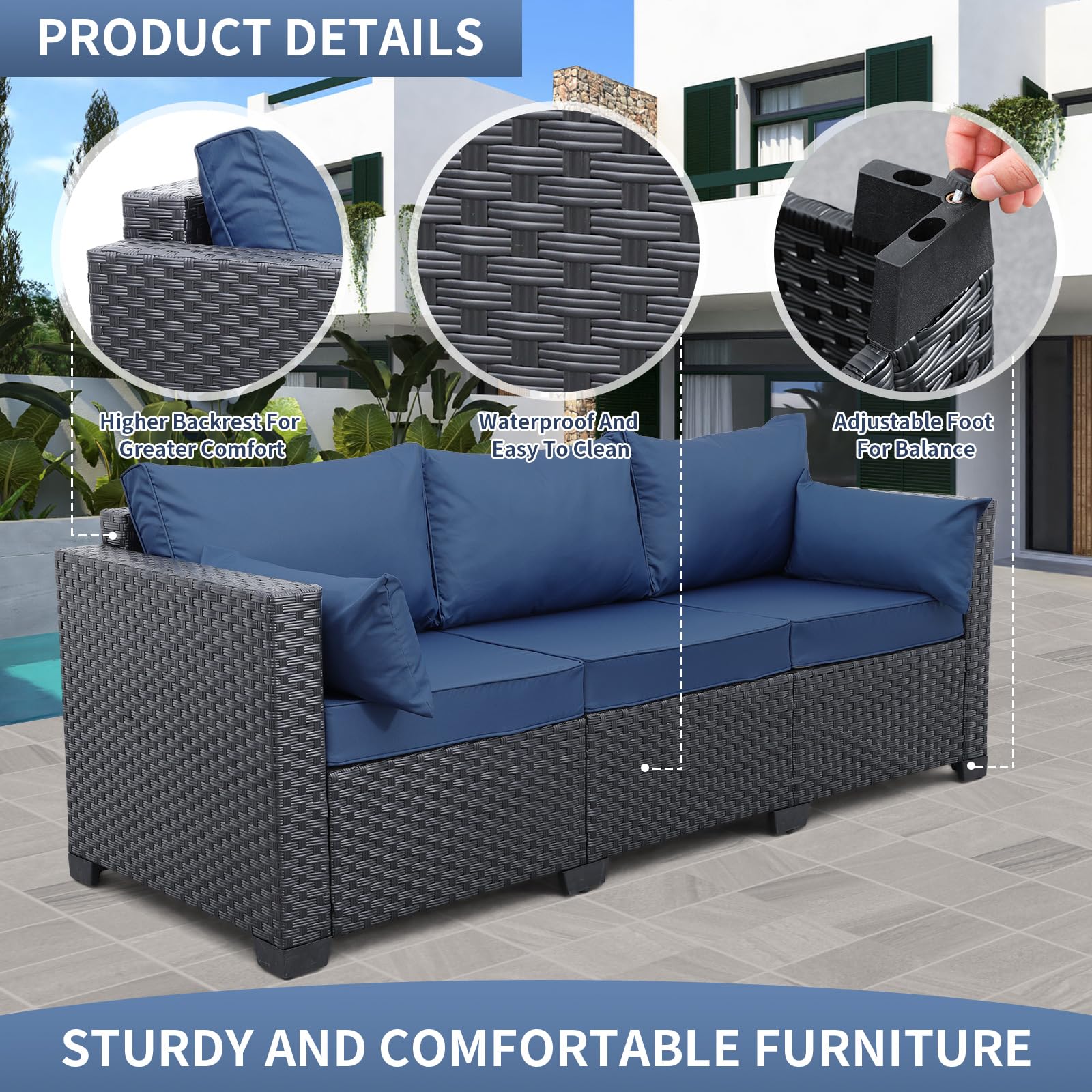 Valita 3-Seat Outdoor Rattan Sofa Set - Black PE Wicker Patio Loveseat with Washable Navy Blue Cushions - Perfect for Backyard, Garden, Poolside & Balcony Relaxation