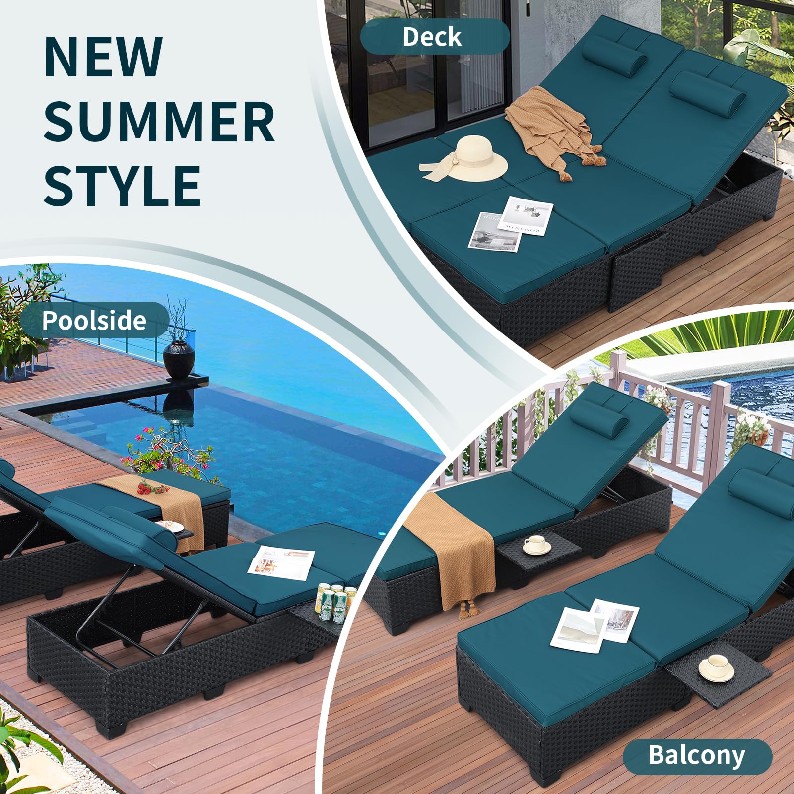 Outdoor Chaise Lounge Chairs Set of 2 - Black Wicker Rattan Reclining Pool Sunbathing Chair with Adjustable Backrest & Peacock Blue Cushion - Patio Furniture for Backyard, Beach, and Poolside Relaxation