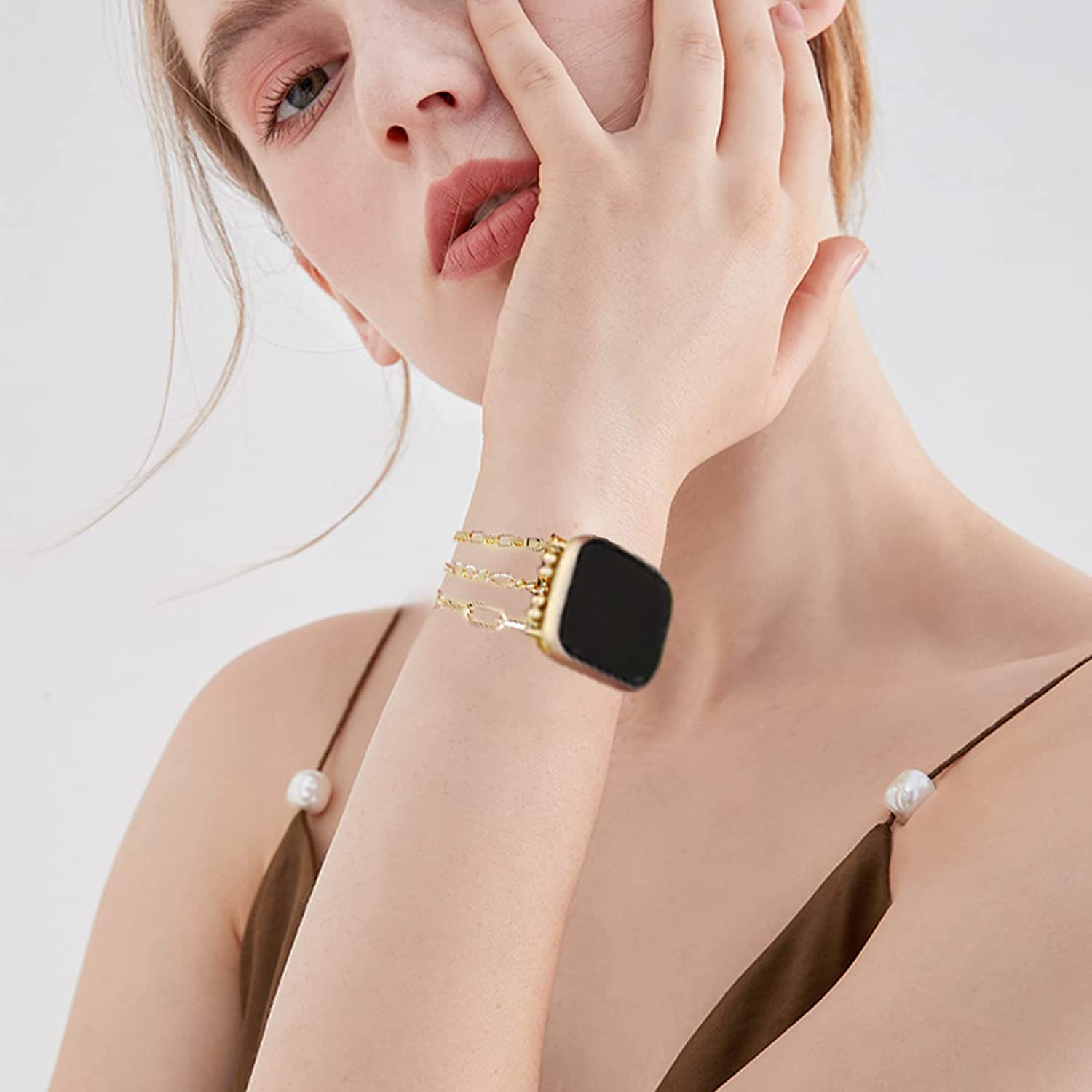 MORWLAT 14K Gold Plated Apple Watch Band for Women - Compatible with Apple Watch Series 9/8/7/SE/6/5/4/3/2/1 (38mm 40mm 41mm) - Elegant Slim Metal Chain Bracelet Replacement Strap - Perfect for Work, Parties & Everyday Fashion Accessory