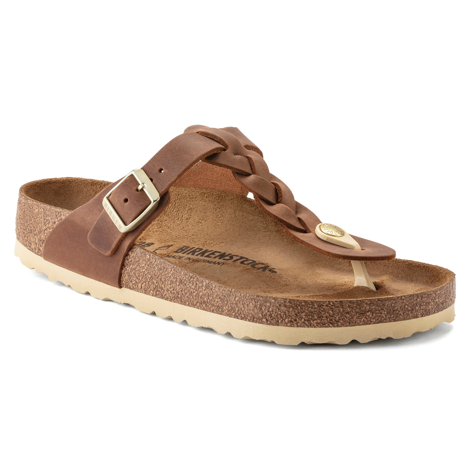 Birkenstock Gizeh Braid Oiled Leather Sandals for Women - Cognac Brown Comfort Footbed - Perfect for Summer, Beach, and Casual Outings
