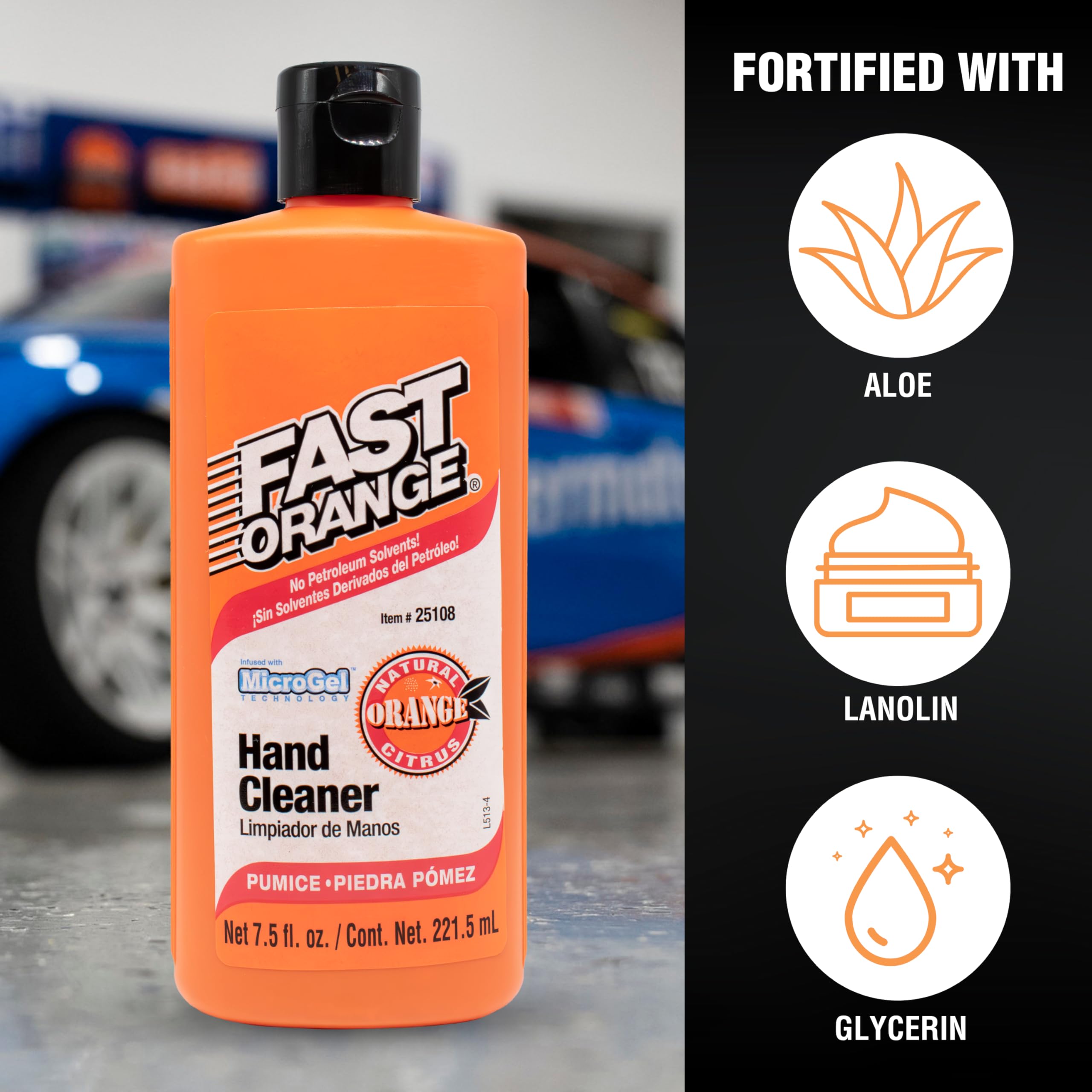 Fast Orange 25108 Pumice Hand Cleaner - Heavy Duty Waterless Grease Remover for Mechanics, Natural Citrus Scent, 7.5 oz - Perfect for Auto Repair, Construction & Industrial Work