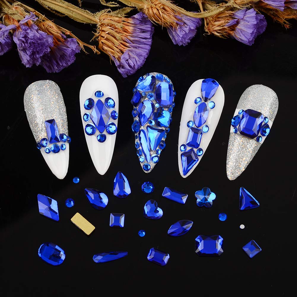 8620Pcs Nail Rhinestones Kit - Multi-Shaped Glass Crystal Flatback Diamonds for Professional Nail Art Decorations | DIY Nail Art Craft with Rhinestones Picker Tool | Perfect for Salon, Home Manicure & Party Nail Designs (Dark Blue)