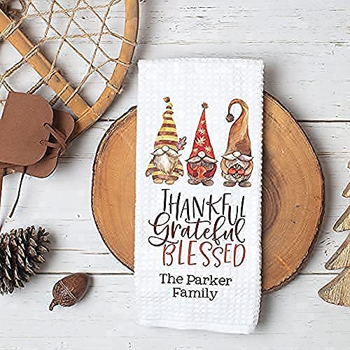 Personalized Thankful Grateful Blessed Kitchen Towel - Waffle Weave Dish Towel for Fall & Thanksgiving - Custom Seasonal Decor with Gnome Design - Perfect for Holiday Cooking, Hostess Gifts & Farmhouse Kitchen Decor