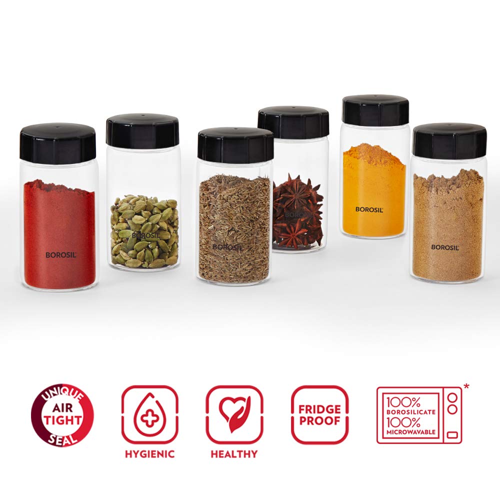 Premium Borosilicate Glass Spice Jars Set of 6 - 250ml Airtight Kitchen Storage Containers for Spices, Herbs & Tea | Transparent Neo Design | Ideal for Pantry Organization & Cooking Essentials (BVS6NEOSJ250)