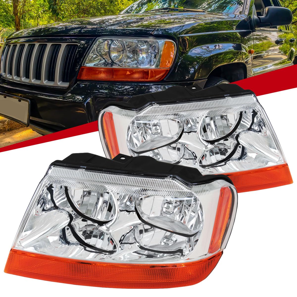 Jeep Grand Cherokee Clear Headlights with Amber Turn Signal - 1999-2004 Model Year Replacement Pair | Left + Right Side | Off-Road & Night Driving Upgrade