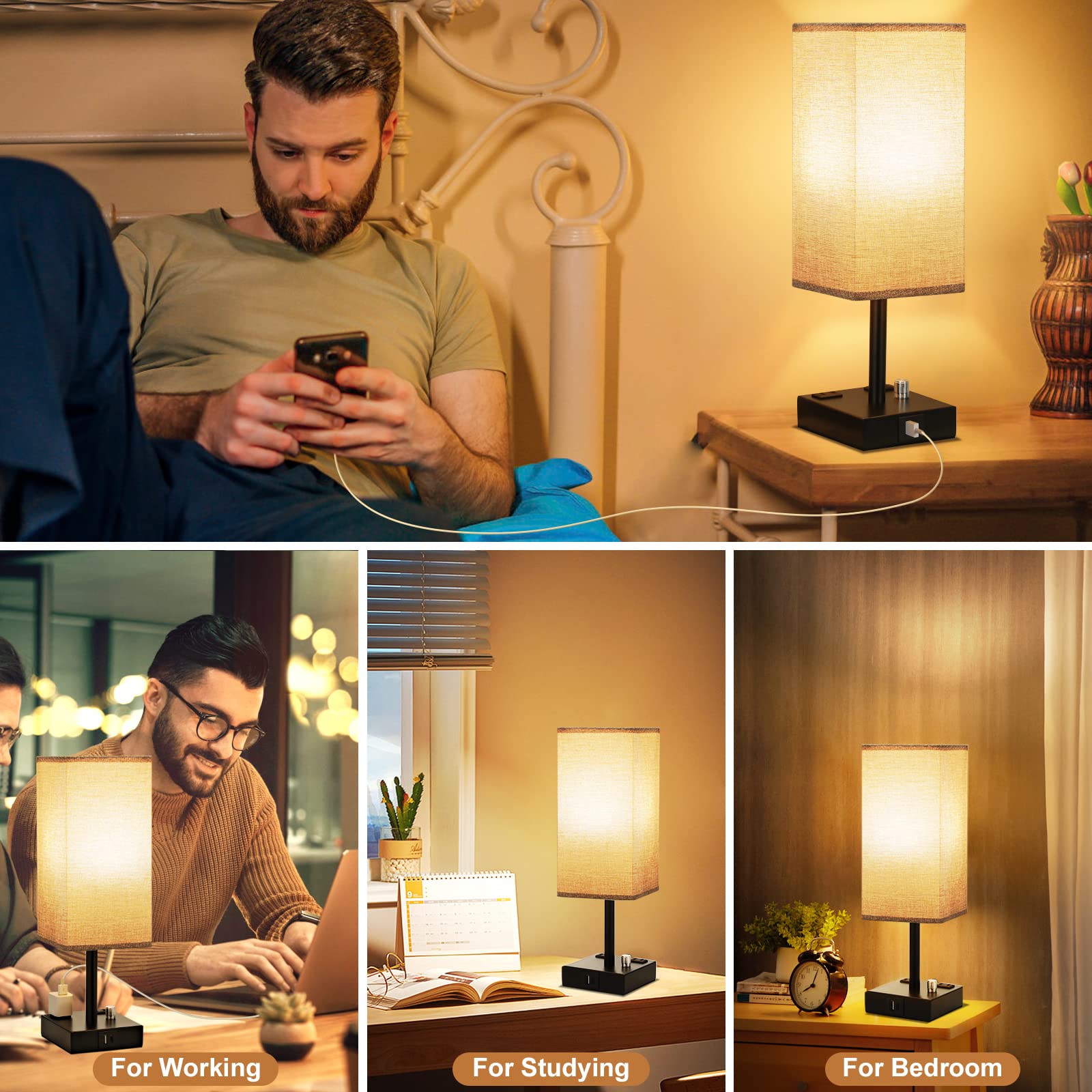 Gray Fully Dimmable Nightstand Lamps Set of 2 - USB C+A Charging & 2 AC Outlets Table Lamps with Linen Shade for Bedroom, Living Room, Office (Bulb Included) | Perfect for Reading, Charging Devices & Creating Cozy Ambience