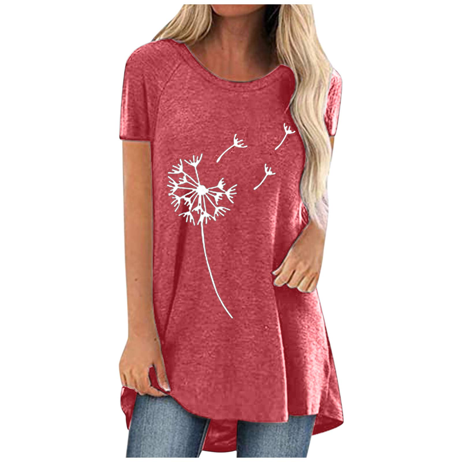 DSFVUS Women's Oversized Dandelion Print Graphic T-Shirt - Flowy Short Sleeve Loose Fit Blouse for Summer (Pink, Large) | Casual Wear, Beach Outfits, Yoga Pants Pairing, Weekend Fashion