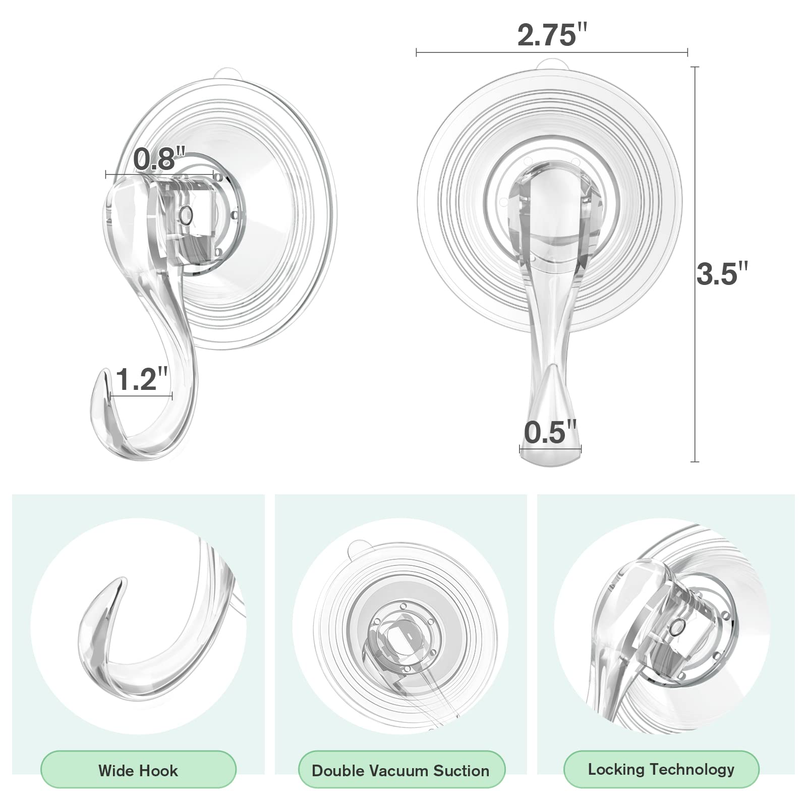 VIS'V Heavy Duty Large Suction Cup Hooks with Wipes - 5 Pack Clear Removable & Reusable Hooks for Bathroom, Kitchen, Shower, Car, RV - Strong Adhesive Hangers for Organizing Towels, Keys, Utensils