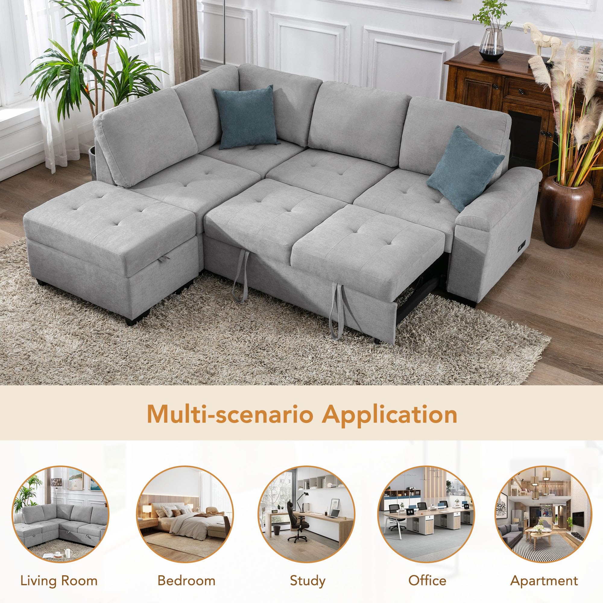 L-Shape Sleeper Sectional Sofa Bed with Storage Ottoman & Hidden Arm Storage, 85