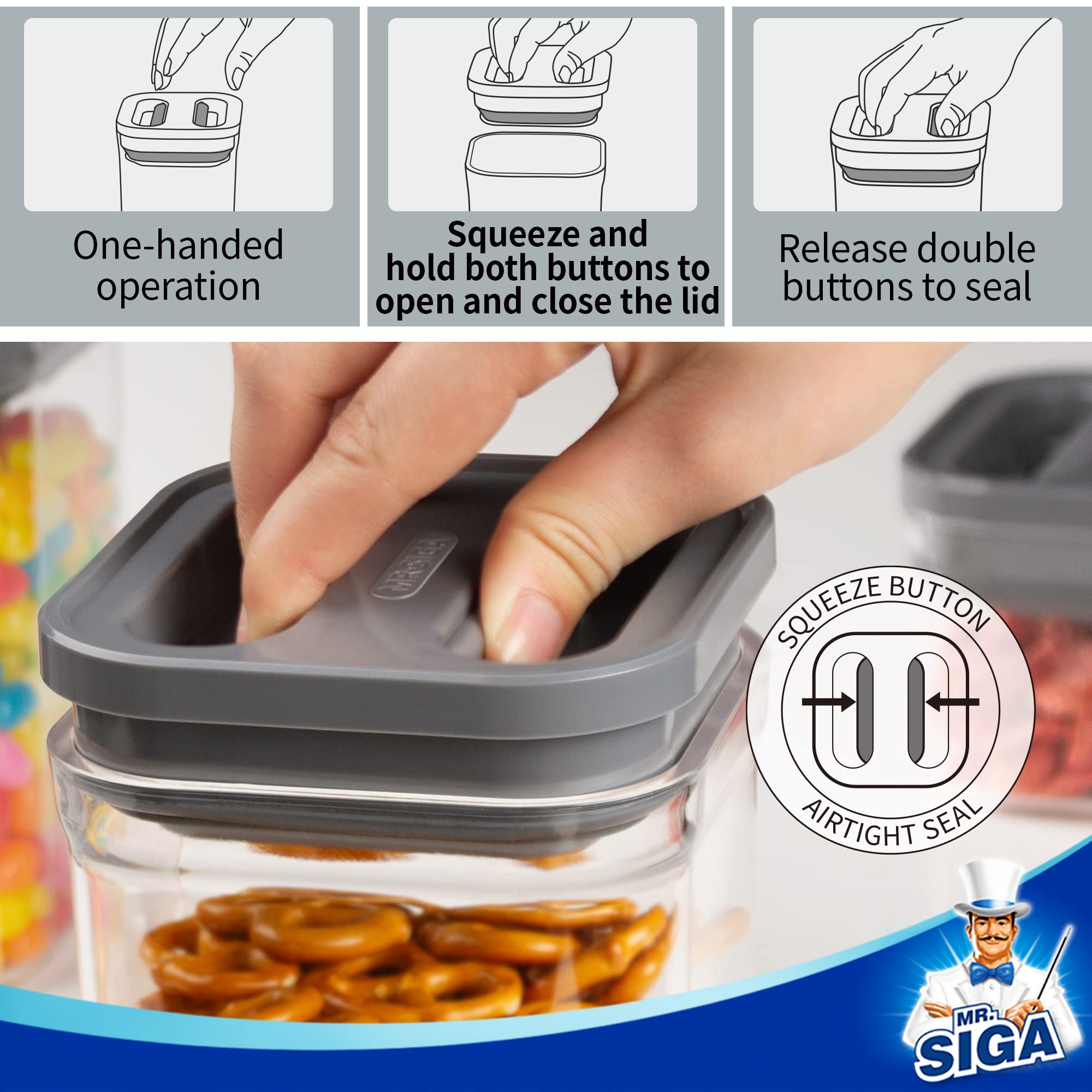 MR.SIGA 6-Piece Airtight Food Storage Container Set - BPA-Free Kitchen Pantry Organization Canisters for Cereal, Pasta, Spaghetti & Dry Goods | One-Handed Operation | Space-Saving Stackable Design | Ideal for Pantry, Kitchen & Meal Prep Organization