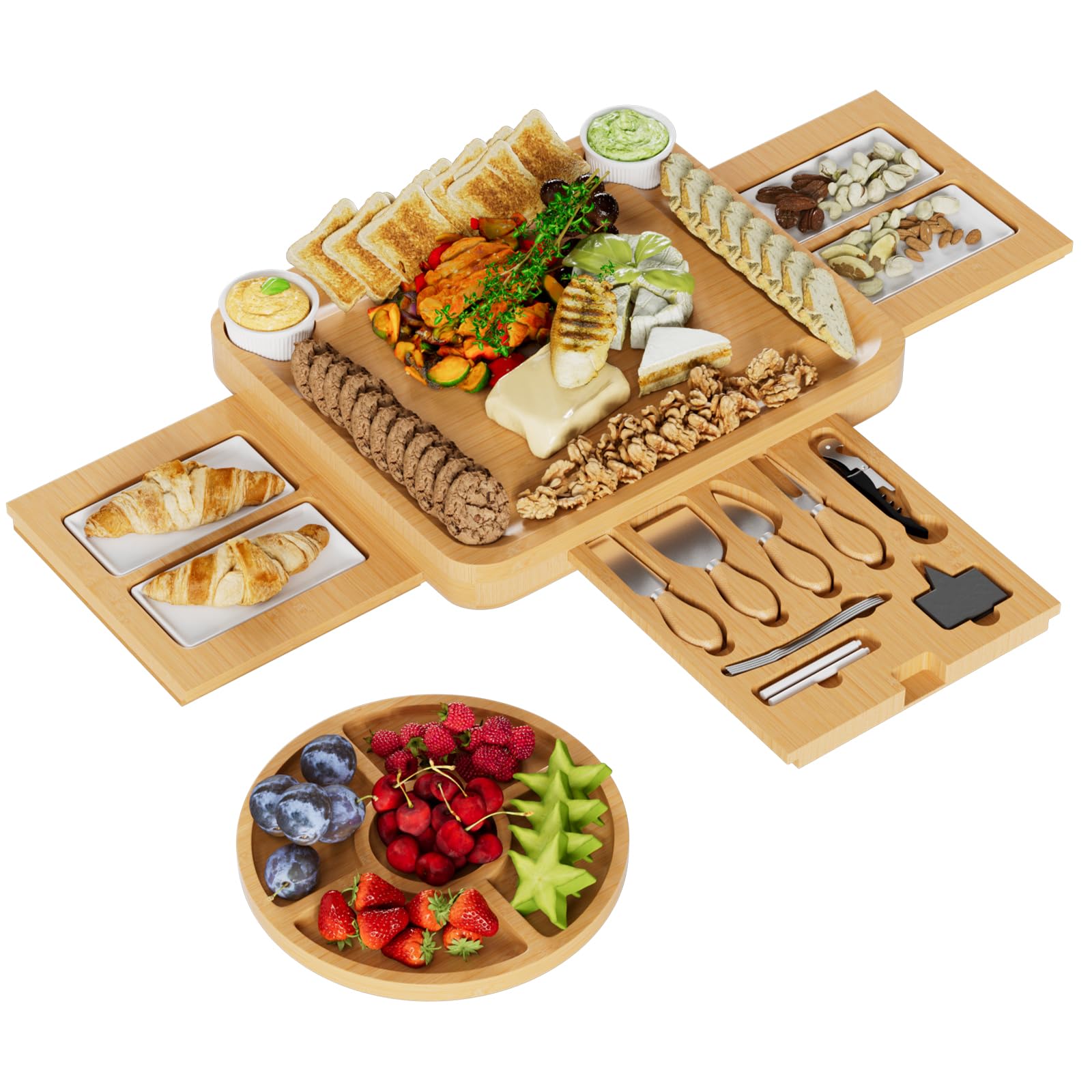 Premium Bamboo Charcuterie Board Set with Cheese Knives - Elegant Wooden Serving Tray for Wine, Meat & Cheese - Perfect for Dinner Parties, Wine Tasting & Holiday Gifting