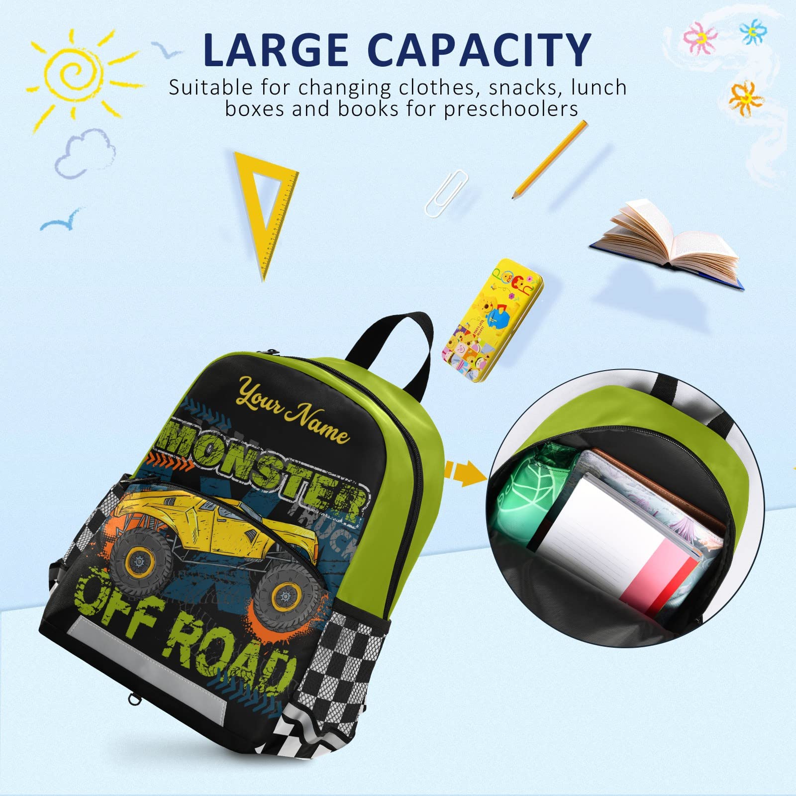Personalized Monster Truck Backpack for Boys - Durable 13 Inch Kids Backpack for School, Travel & Outdoor Adventures - Cool Toddler Backpack with Adjustable Straps