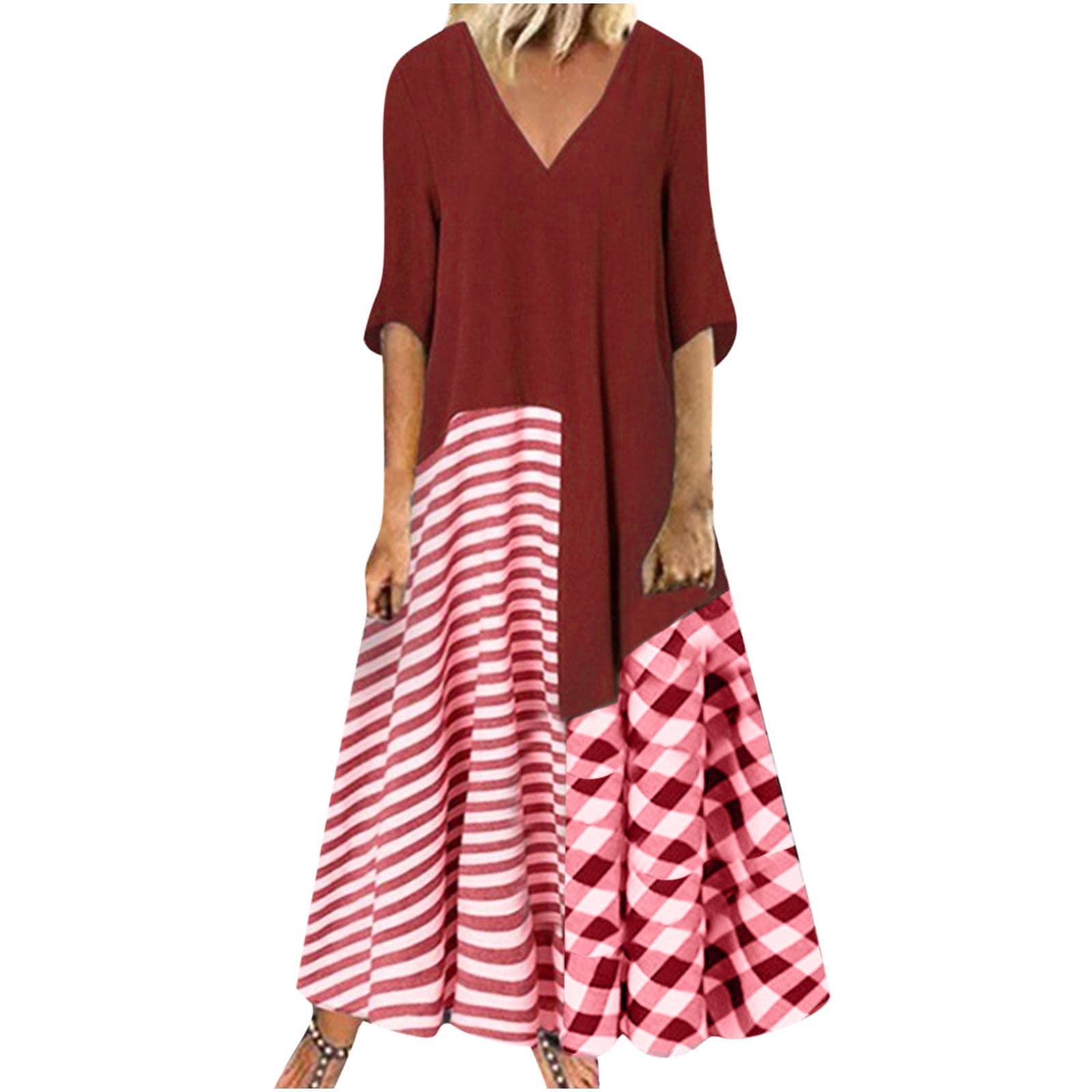 YZHM Women's Maxi Dress - Half Sleeve V-Neck Flowy Pleated Summer Dress with Trendy Print | Casual Loose T-Shirt Dress for Beach, Vacation & Everyday Wear