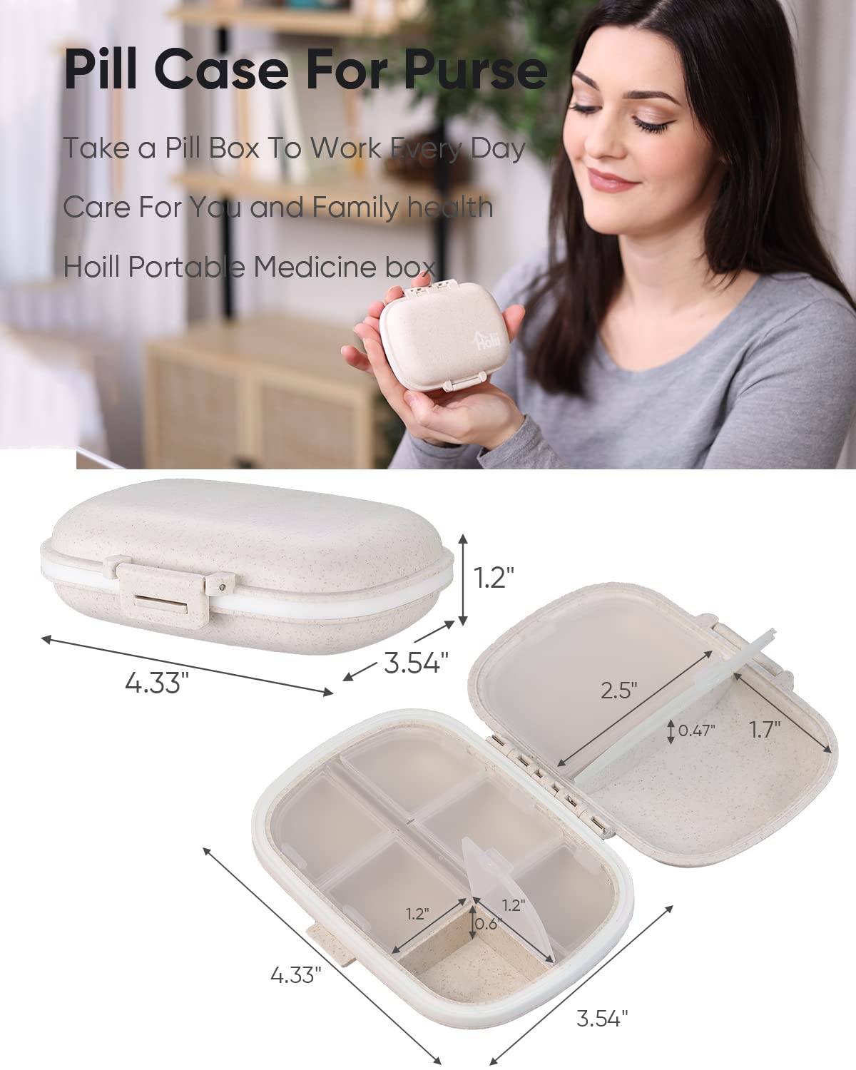 Holii 8-Compartment Travel Pill Organizer - Portable Daily Pill Case for Vitamins & Medicine - Compact Pill Box for Purse, Pocket & On-The-Go Use (Khaki) | Perfect for Travel, Work & Daily Medication Management