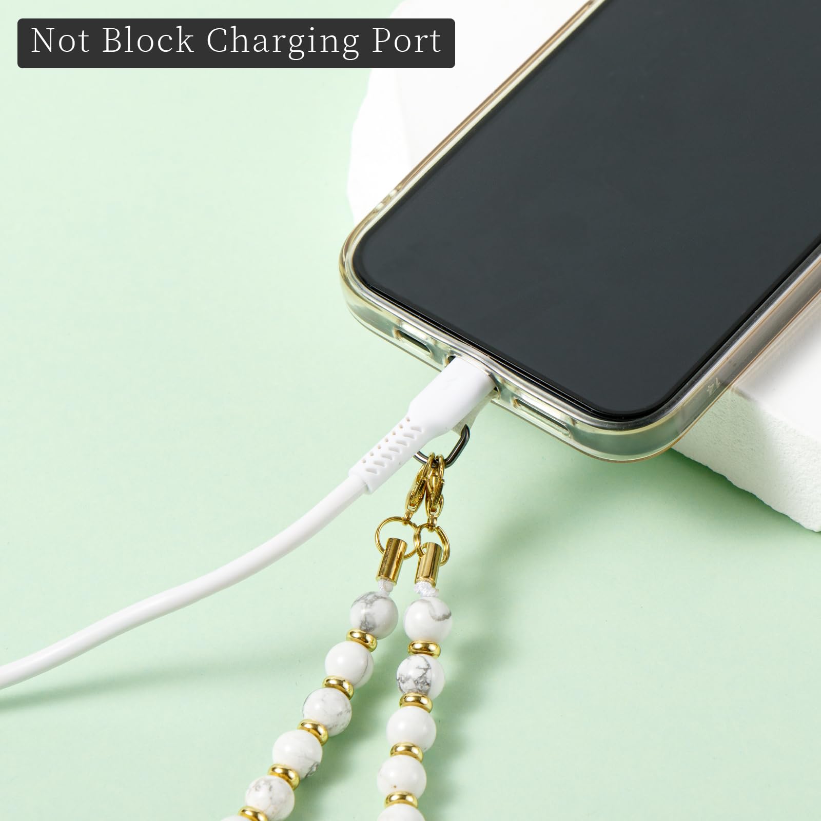 Beaded Marble Phone Charm - Stylish Cell Phone Lanyard & Wrist Strap for iPhone 14/13, Compatible with Most Smartphones (Pink & White) - Perfect for Women's Accessories, Office ID Badge Holder, and Everyday Carry Essentials