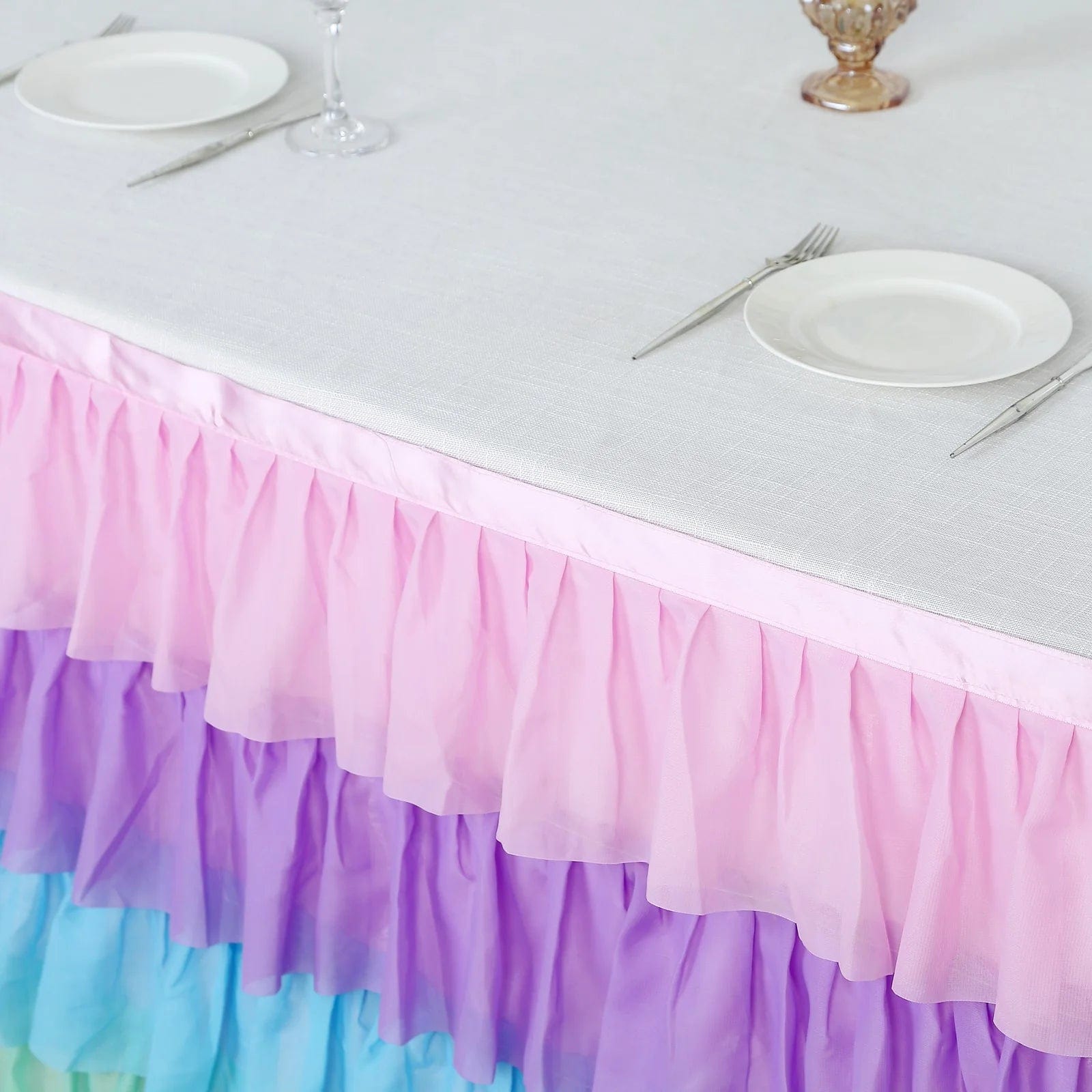 14 ft Chiffon 5 Tier Ruffled Tutu Table Skirt with Satin Backing - Elegant Party Decor for Weddings, Baby Showers & Banquets