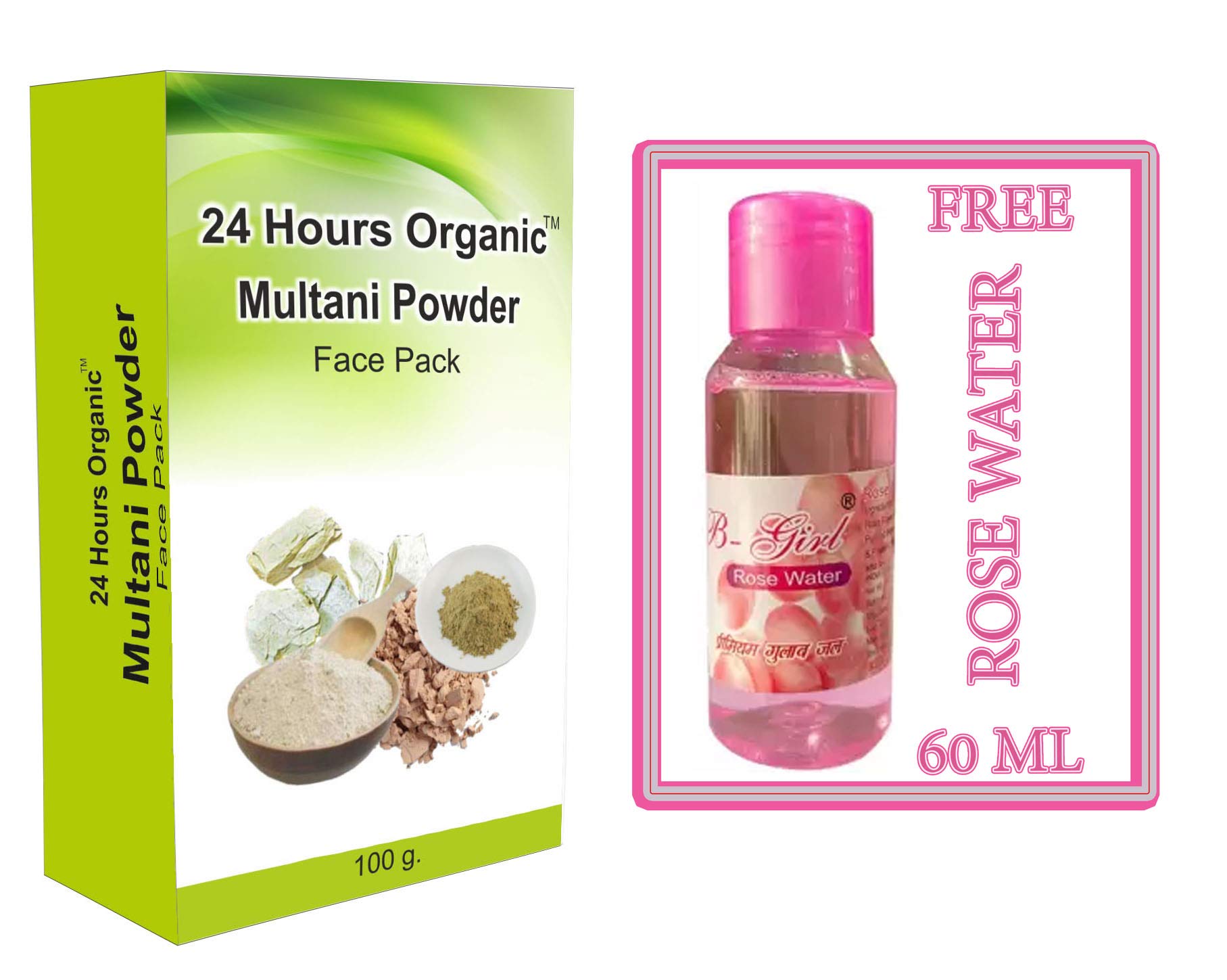 24 Hours Organic Multani Mitti Face Pack Powder 100g with Rose Water 60ml & Vitamin C Serum 30ml - Natural Clay Mask for Glowing Skin - Perfect for Daily Skincare Routine & Spa Treatments