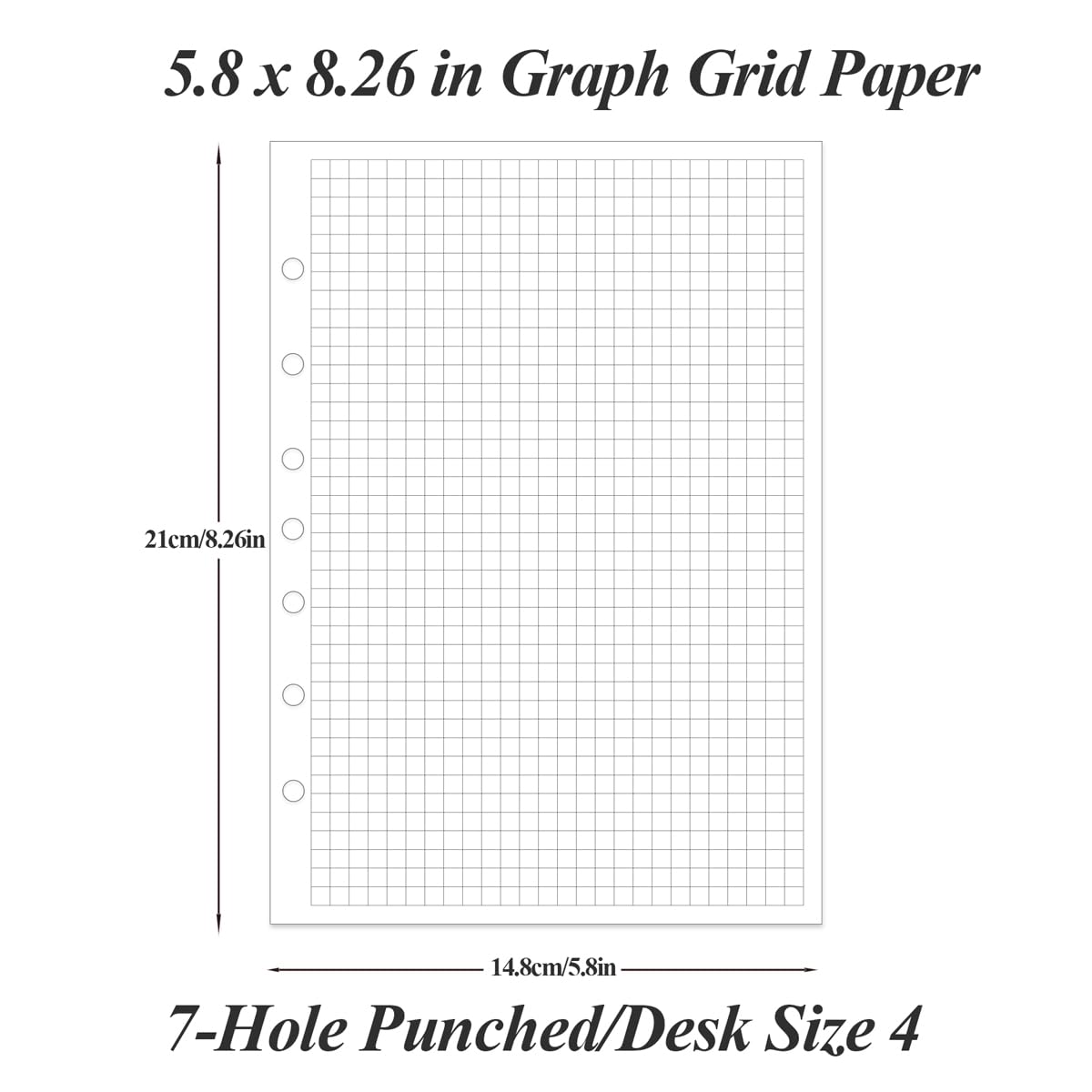 A5 Grid Refill Paper - 7-Hole Graph Paper, 100 Sheets (200 Pages) Loose-Leaf Notebook Paper, 100gsm Thick White Paper, 5.8