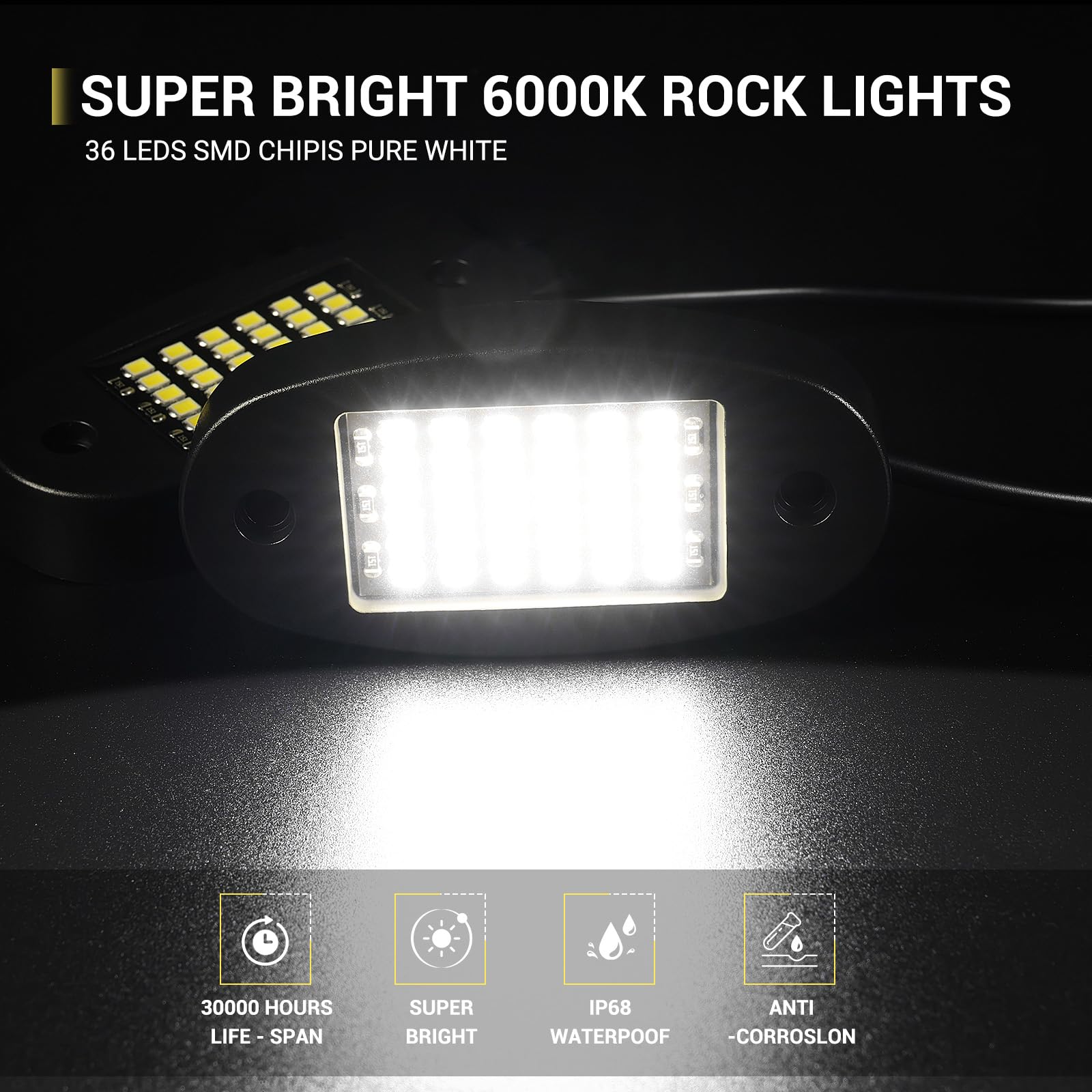 20 Pods White Rock Lights 6000K Pure White - 36 LEDs SMD Super Bright Neon Underglow Lights IP68 Waterproof for Trucks, SUVs, UTVs, ATVs, RZRs, Cars & Boats - Perfect for Off-Roading, Night Driving & Vehicle Customization (White)